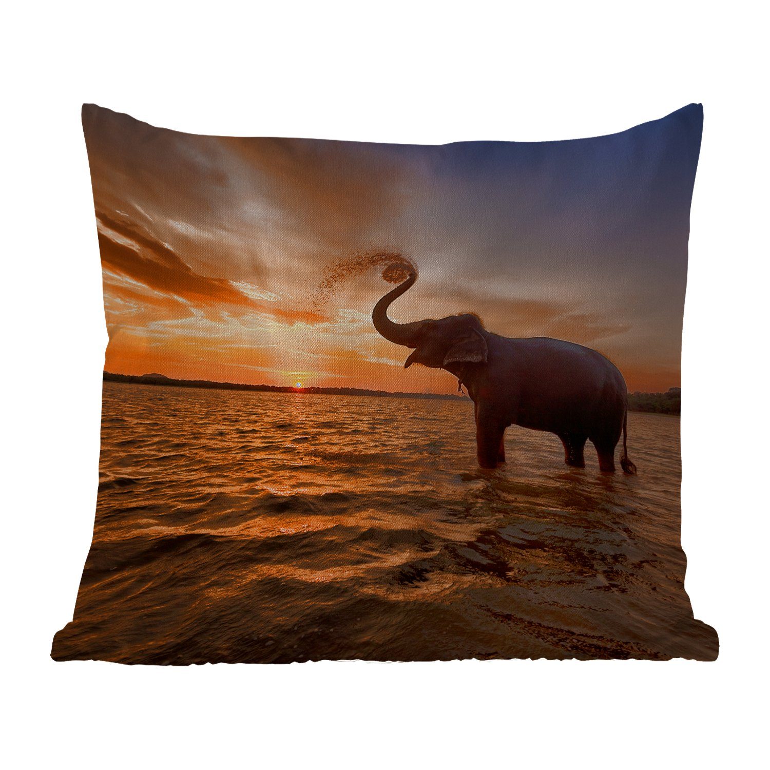 MuchoWow Dekokissen Elefant - Meer - Tiere - Sonnenuntergang - Orange, Kissenbezüge, Kissenhülle, Dekokissen, Dekokissenbezug, Outdoor