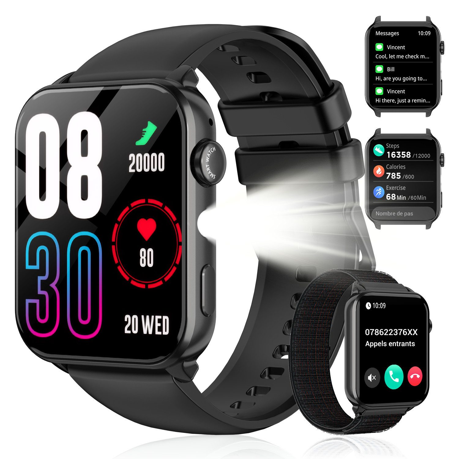 blackview Smartwatch Herren Damen, LED-Leuchte, 350mAh (6 Tage), 2 Armbänder Smartwatch (1.91 Zoll, iOS/Android), mit Wechselband aus weichemSilikon und Ladekabel, Antwort & Anruf tätigen,Herzfrequenz,Schlafmonitor,SpO2,Schritten,IP68