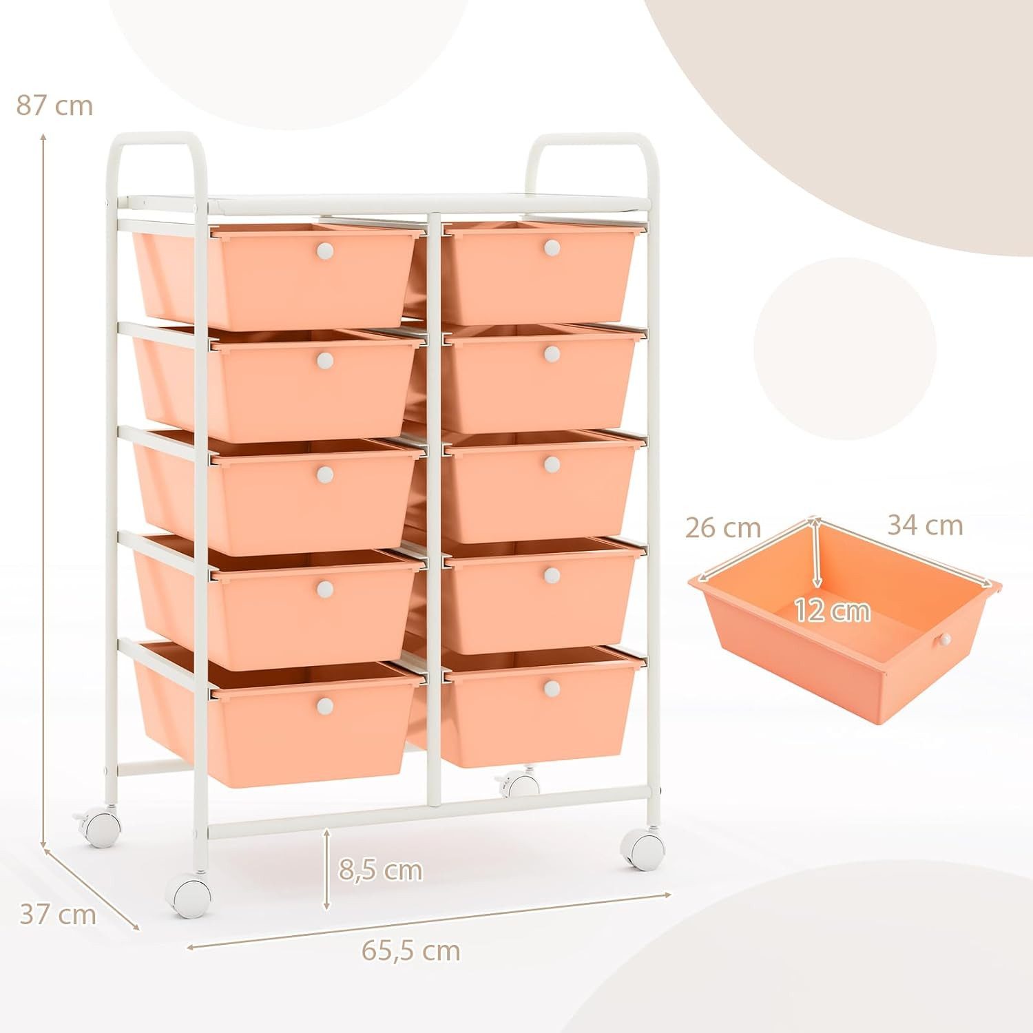 KOMFOTTEU Schuhregal Rollcontainer, mit 10 Schubladen stapelbar, 65,5 x 37 x 87 cm