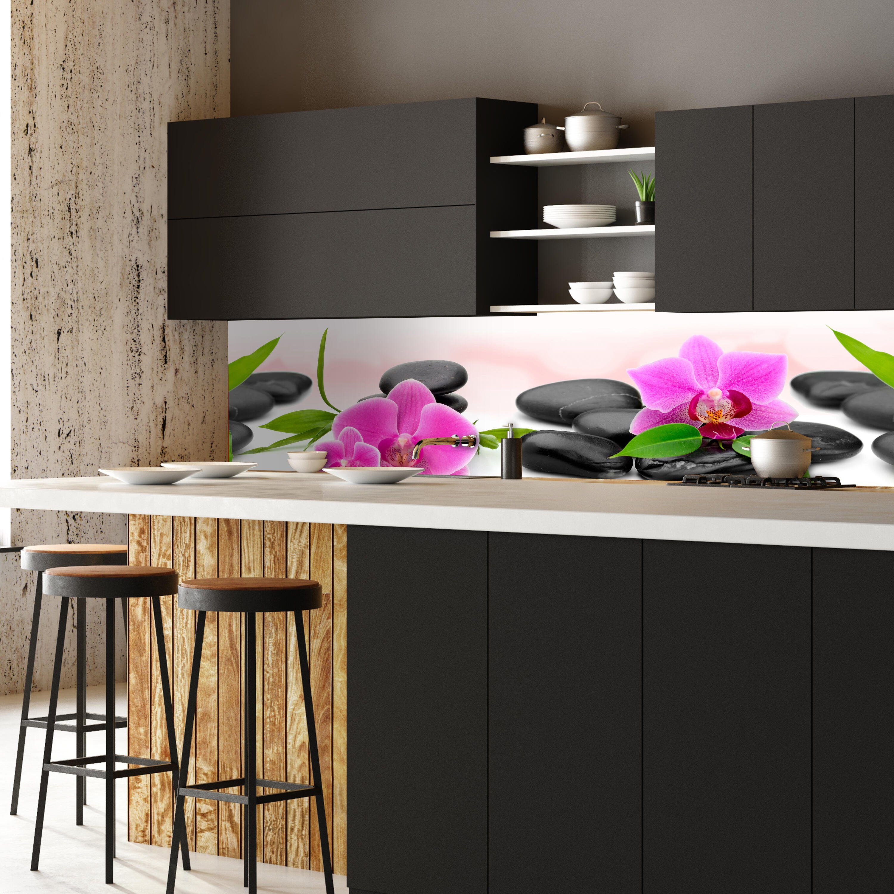 wandmotiv24 Küchenrückwand Orchidee Steine Bambus, Premium (1-tlg), Hartschaum Nischenrückwand in versch. Größen Blätter