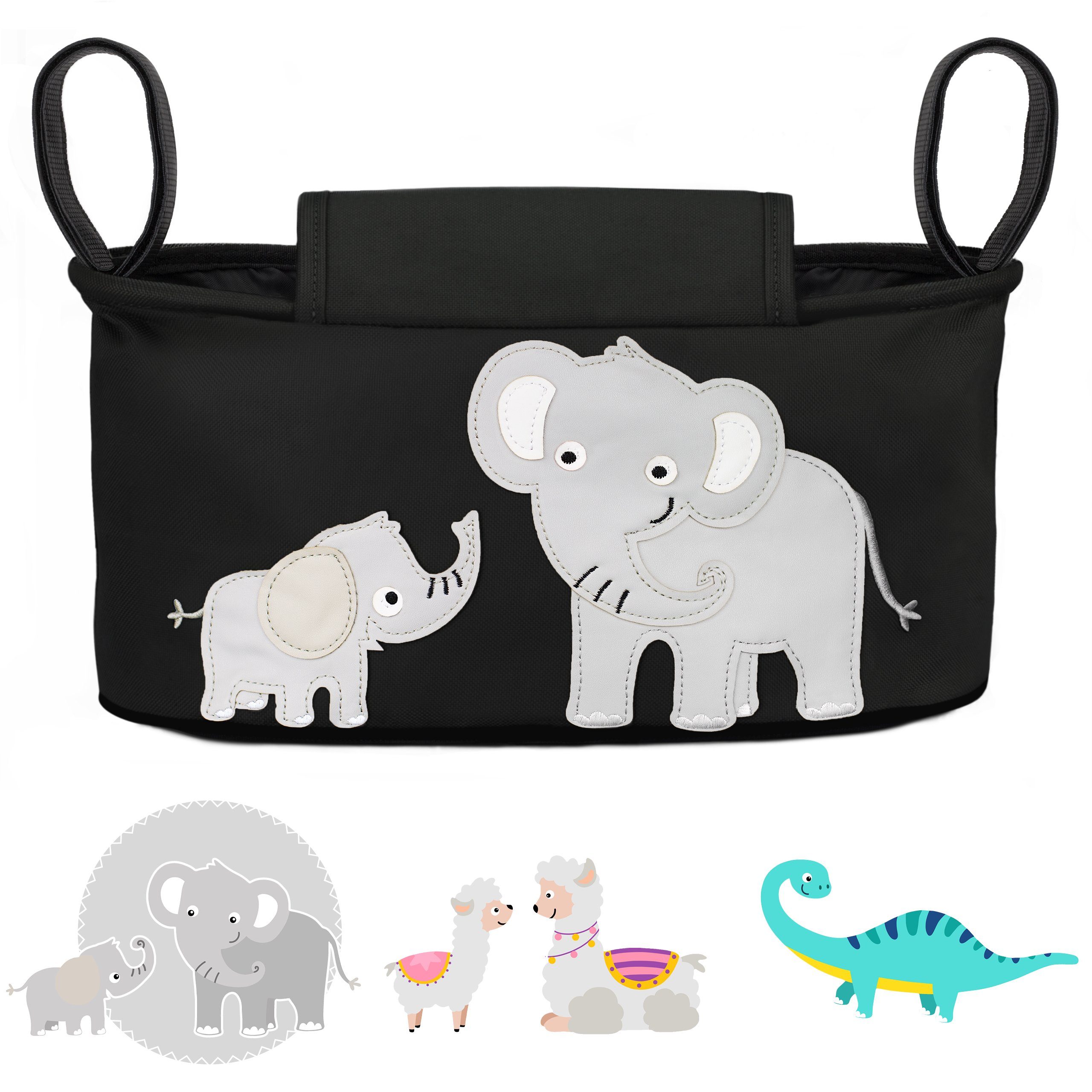GLÜCKSWOLKE Kinderwagen-Tasche in Grau oder Schwarz I 6 Motive I Kinderwagentasche & Buggy Organizer, Kinderwagen Tasche mit Getränkehalter und Feuchttücherfach