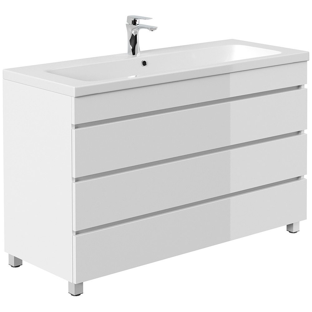 Lomadox Waschtisch FROME-02, 120 cm, stehend, weiß Hochglanz, mit 3 Schubladen