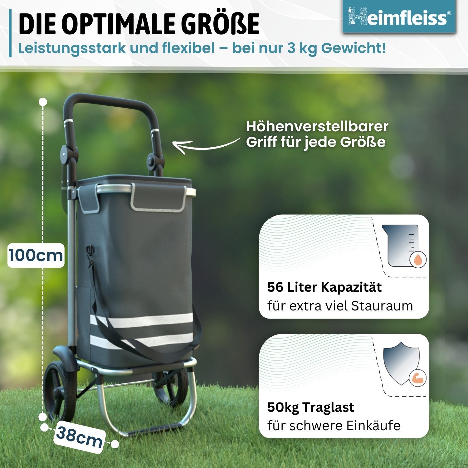 Heimfleiss® Einkaufstrolley Klappbarer Einkaufstrolley mit Kühlfach – 56L, 56 l, Leichter & stabiler Einkaufswagen mit wasserdichter Tasche