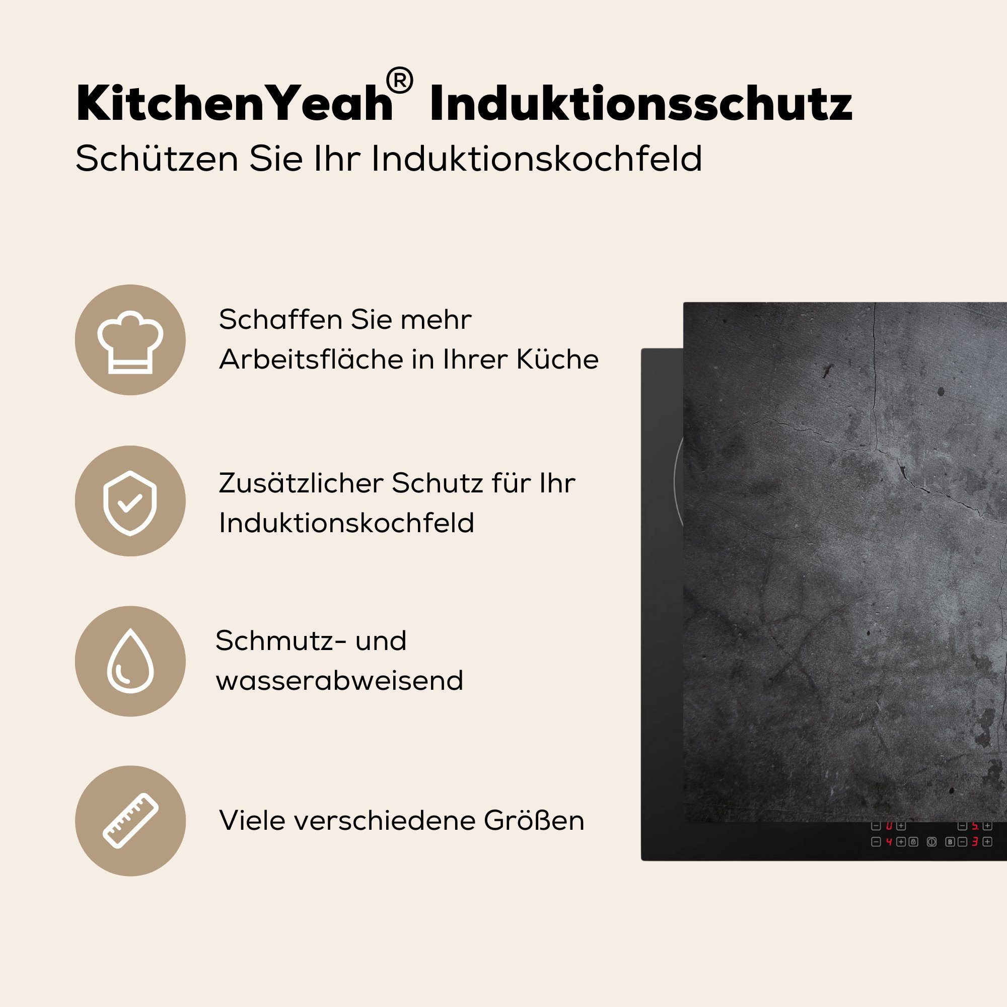 MuchoWow Herdblende-/Abdeckplatte Industriell - Beton Schiefer Vinyl, Retro, Induktionskochfeld, - 59x51 Ceranfeldabdeckung - Induktionsschutz, (1 - Grau cm, tlg)