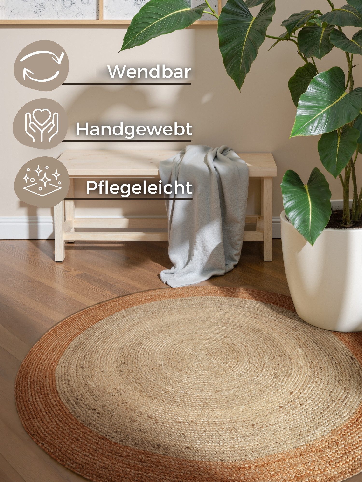 HANSE Home Teppich Looma Juteteppich, rund, Höhe: 9 mm, 100% Jutefaser, Natur, Wohnzimmer, Esszimmer, Flur, Boho, Skandi