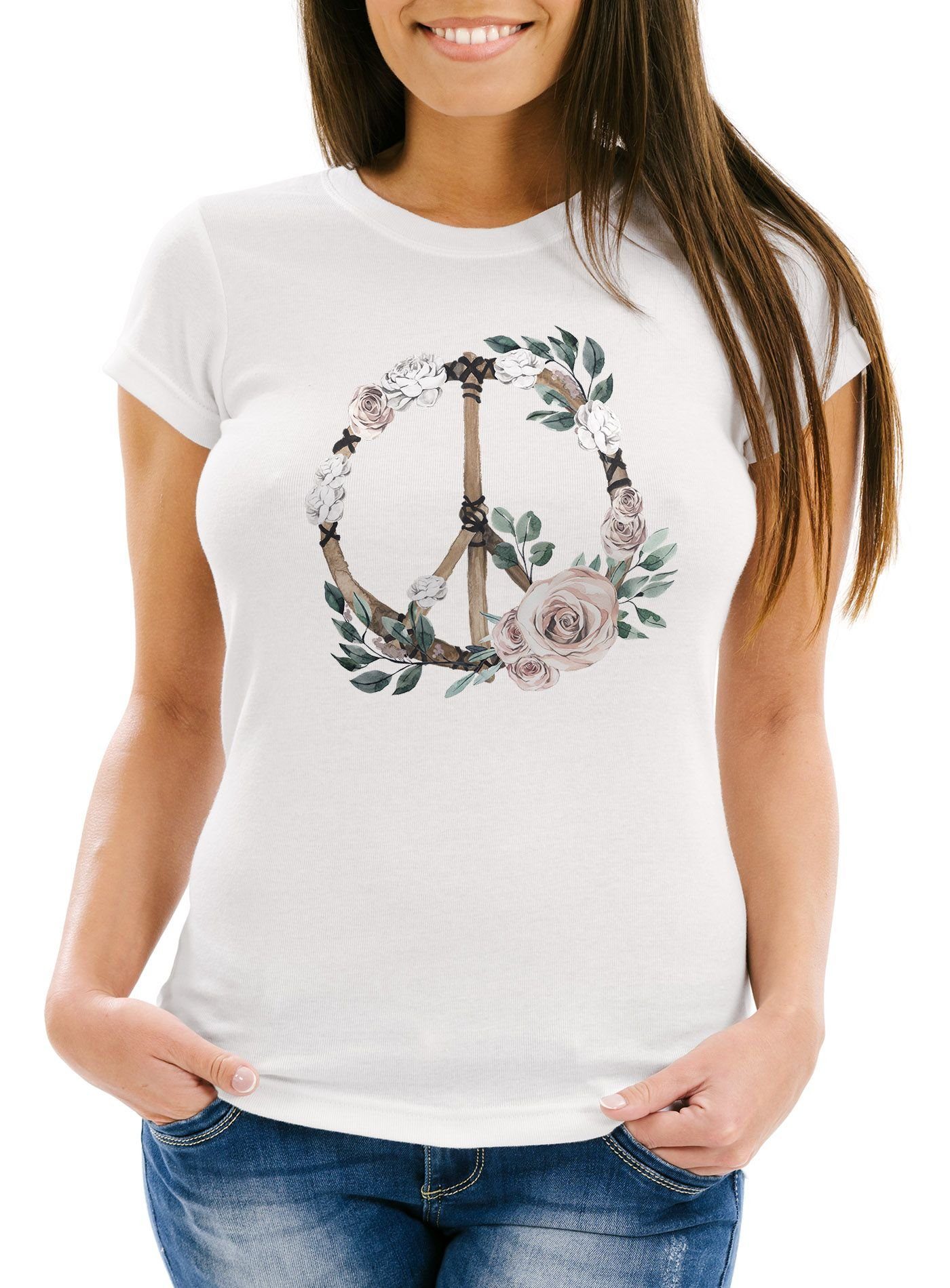 Neverless Print-Shirt »Damen T-Shirt Peace-Symbol Blumen Flowerpower Hippie  Boho Bohemian Slim Fit Neverless®« mit Print online kaufen | OTTO