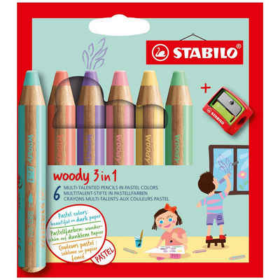 STABILO Buntstift STABILO woody 3 in 1 Buntstift - 10 mm - 6er Set mit Spitzer - pastell