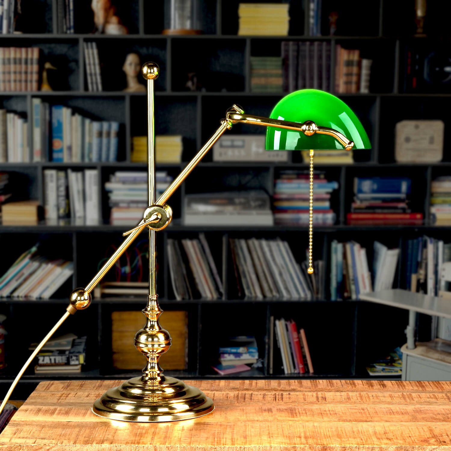 Licht-Erlebnisse Tischleuchte LAMPADE MINISTERO, ohne Leuchtmittel, Handgefertigte Tischlampe Grün Echt-Messing Zugschalter E27