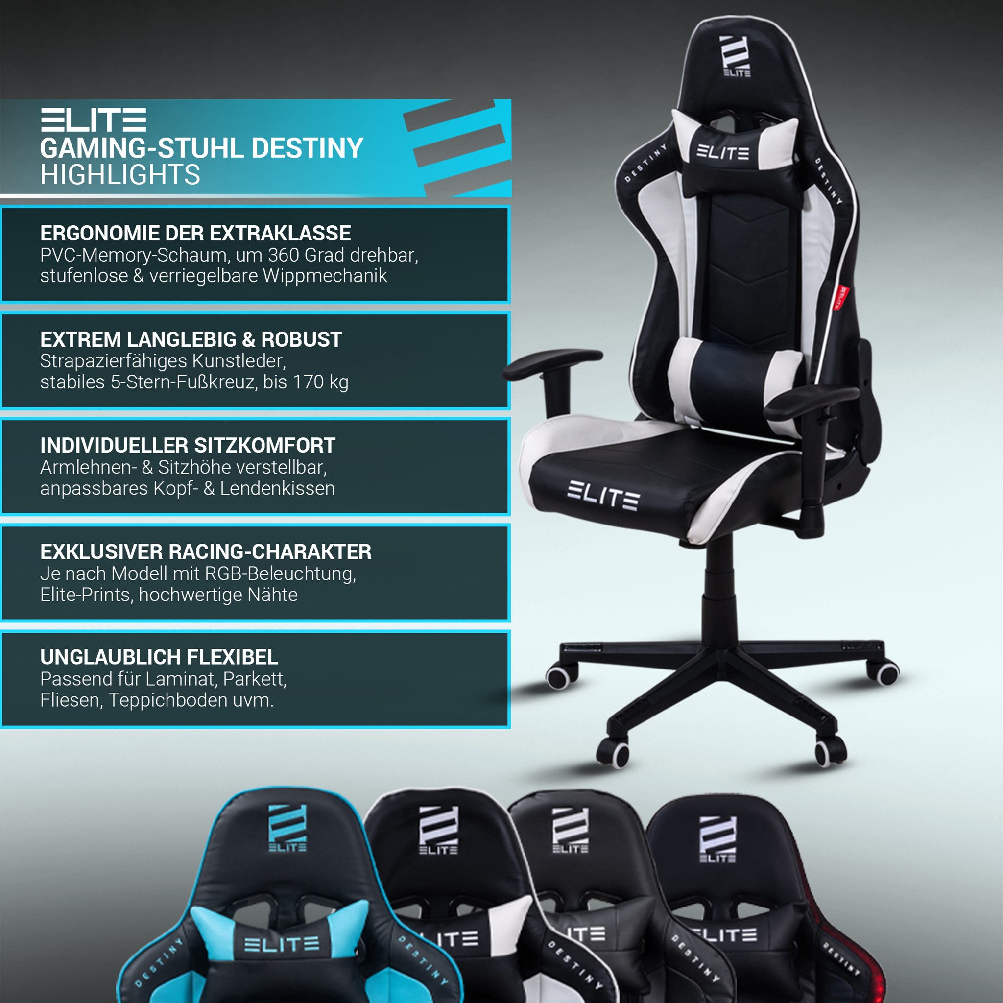 ELITE Gaming Gaming-Stuhl Ergonomischer Bürostuhl Destiny inkl. Rücken- & N günstig online kaufen
