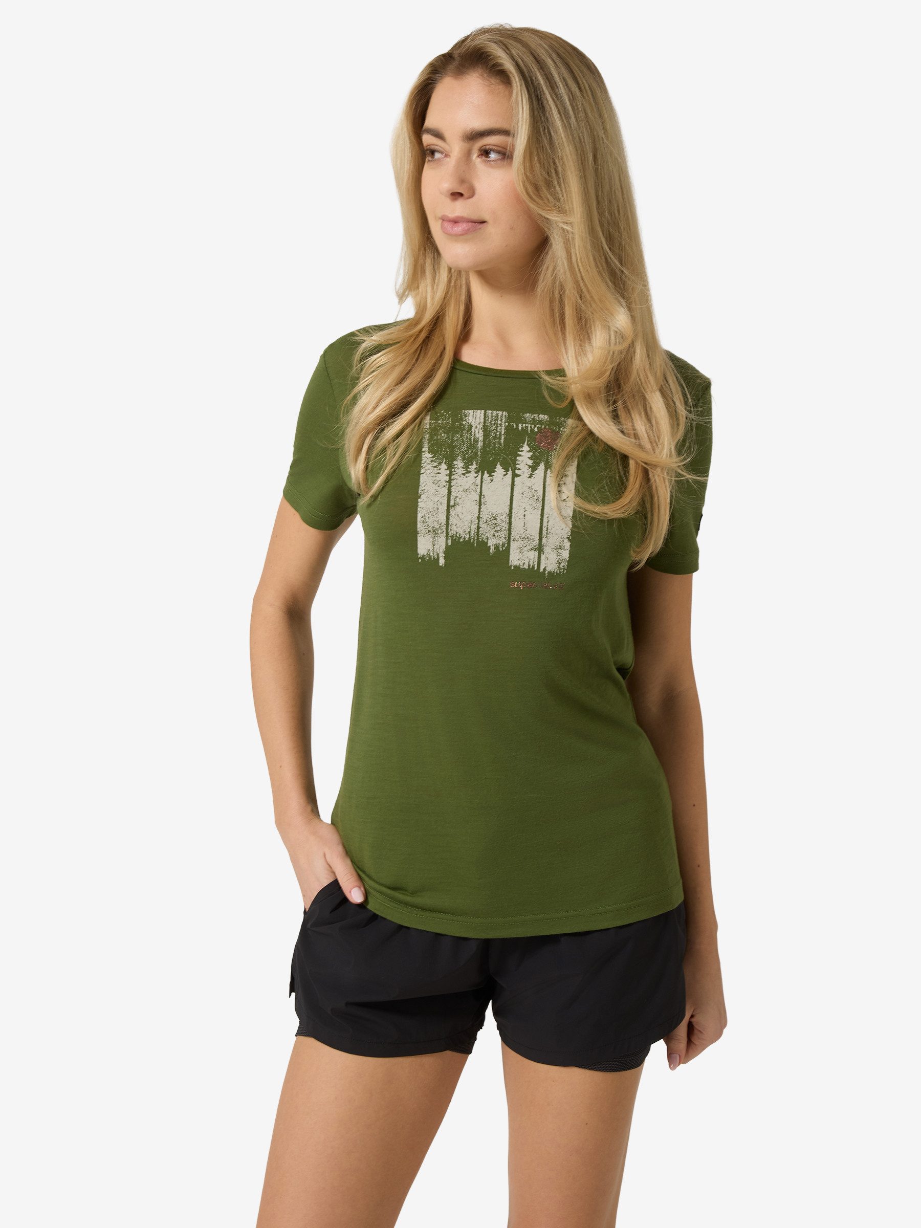 SUPER.NATURAL T-Shirt für Damen, Merino W WONDER WALD TEE mit Natur-Motiv, atmungsaktiv