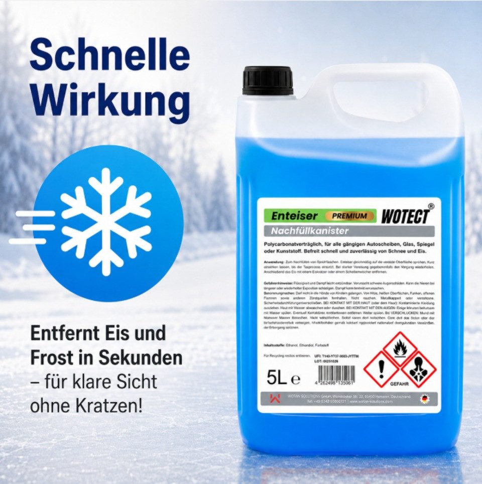 Wotect Enteiser-Spray 5 L Scheibenenteiser Enteiserspray Auto Scheiben Enteiser Frostschutz, bis -40 °C, 5 l, Vorratspack, Nachfüllkanister, gebrauchsfertig – Bild 2 von 5