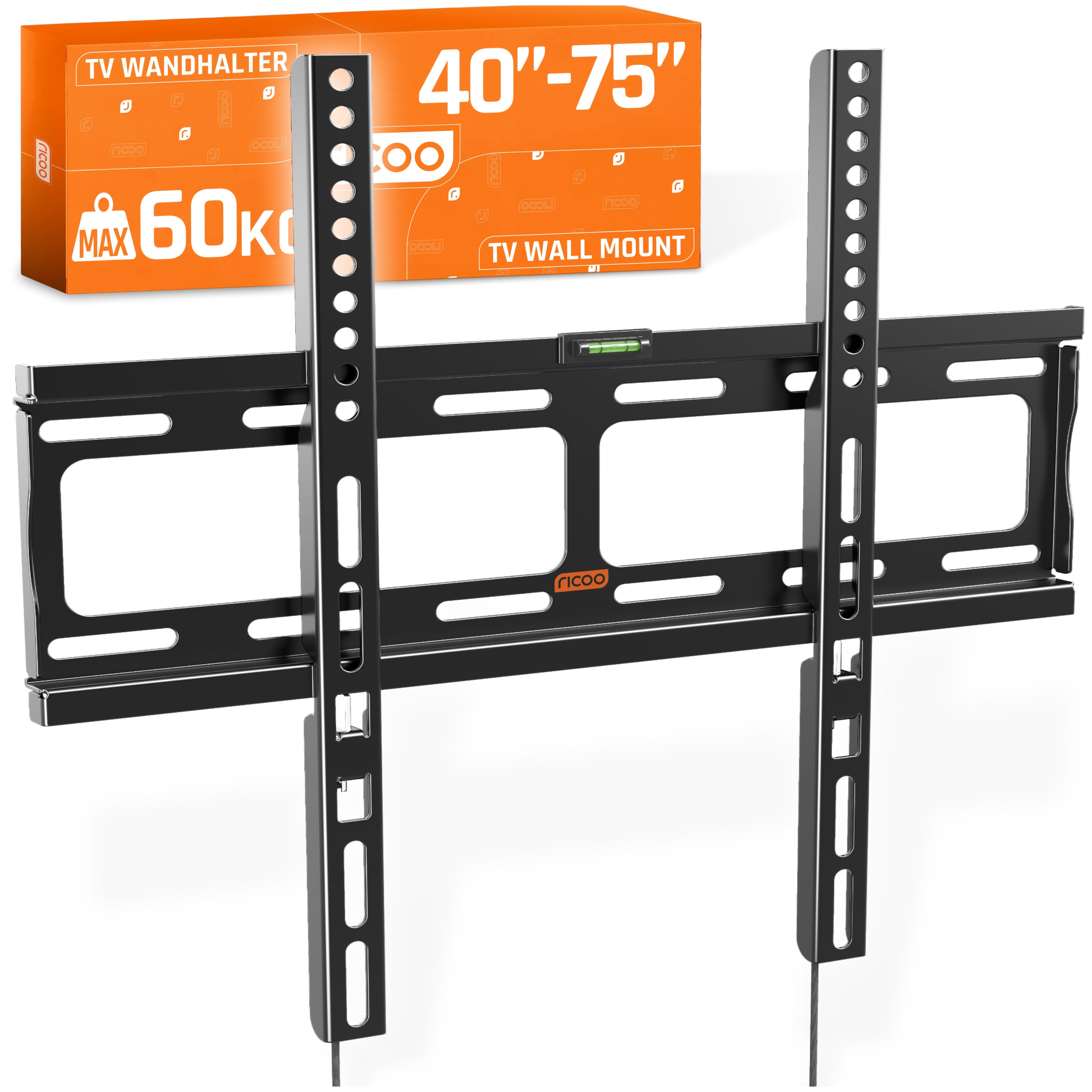 RICOO TV-Wandhalterung TV Wandhalterung Universal 26"-55" fest flach F0244, (bis 55 Zoll, VESA 200x200 bis 400x400, 1-tlg., 60 Kg Tragkraft, für 26"-55" (66-140 cm) Bildschirm Diagonale, flache Monitor Halterung, BxH: 410mm x 410mm, super slim)