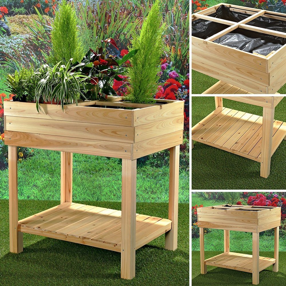 Feel2Home Hochbeet Hochbeet 4 Fächer Gartenbeet Holz Blumenständer Pflanzkasten Tisch (1 St), Mit Ablage