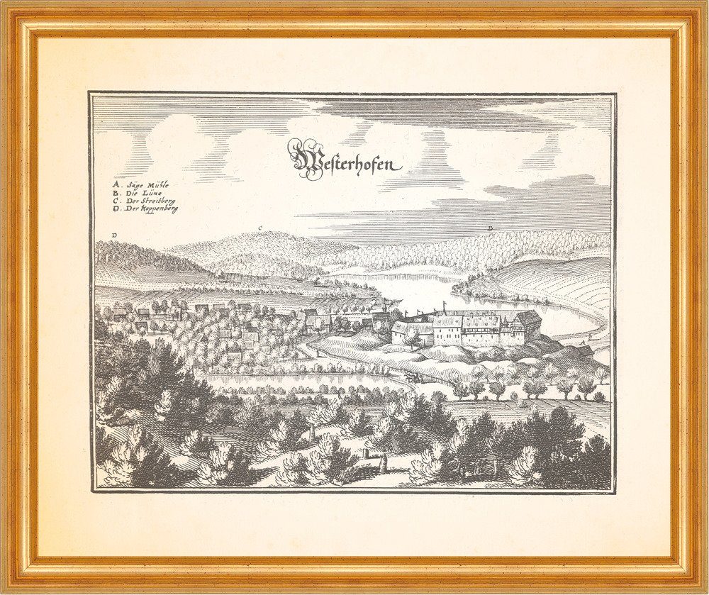 Kunstdruck Westerfhofen Burg Westerhof Teich Kuppenberg Streitberg Merian 0448 Ge