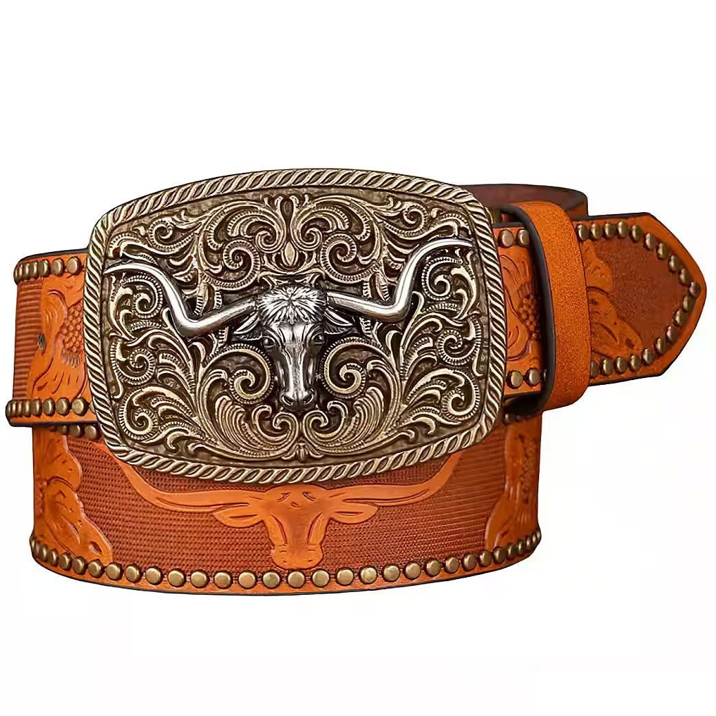 Ware aus aller Welt Nietengürtel Westerngürtel mit Longhorn-Schnalle – im authentischen Cowboy Style (1-St) Geprägte Western-Details mit Longhorn- und Blumenmotiven