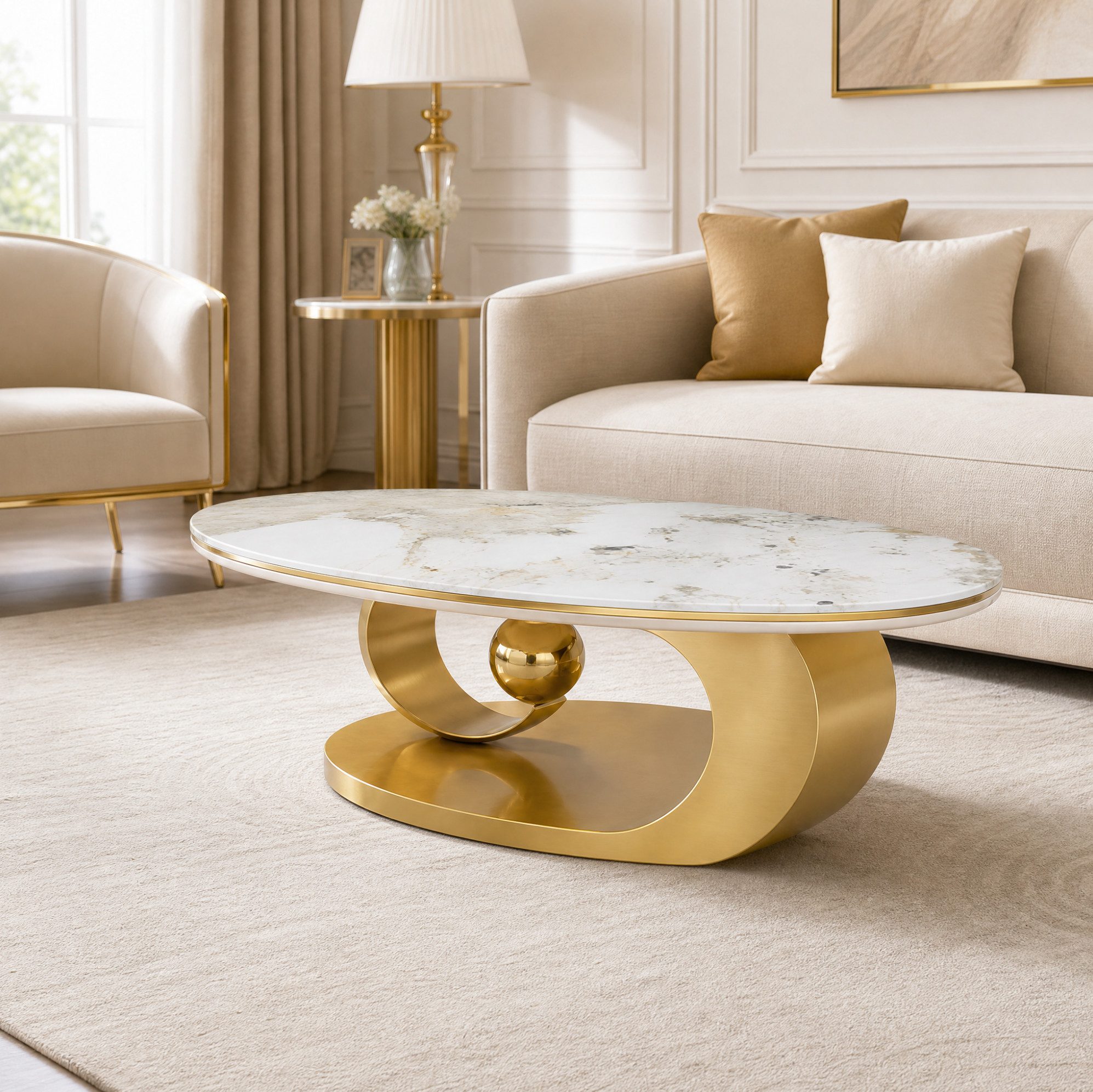 MODFU Couchtisch Goldener Wohnzimmertisch mit Marmor-Dekor, oval, elegant (Packung, 1-St., Hochwertiger Deko-Tisch für stilvolle Wohnbereiche – edel & robust), Eleganter Kaffeetisch für Sofa & Lounge – Glasplatte & Goldfuß