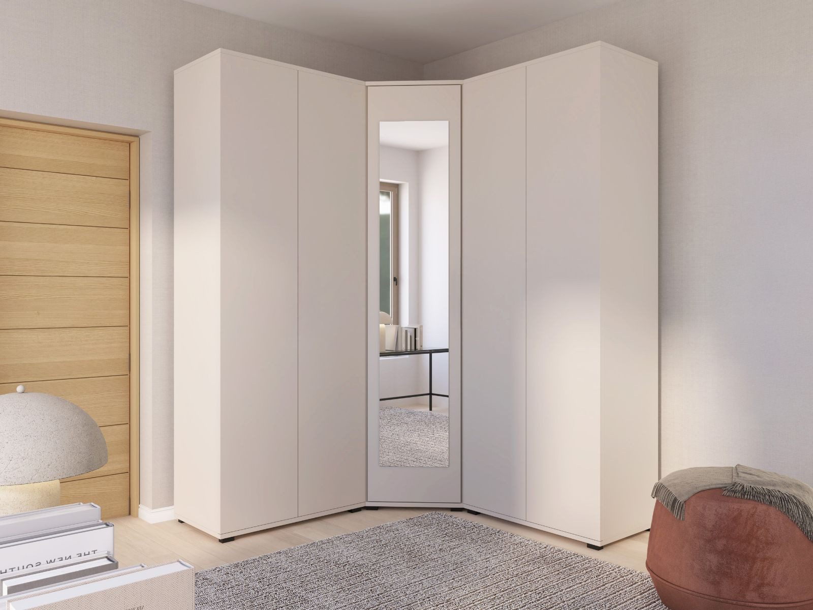 Compleo Eckkleiderschrank Kaschmir, Schrank mit Spiegel, Geräumiger Kleiderschrank Japandi Design, ERIS Garderobenschrank