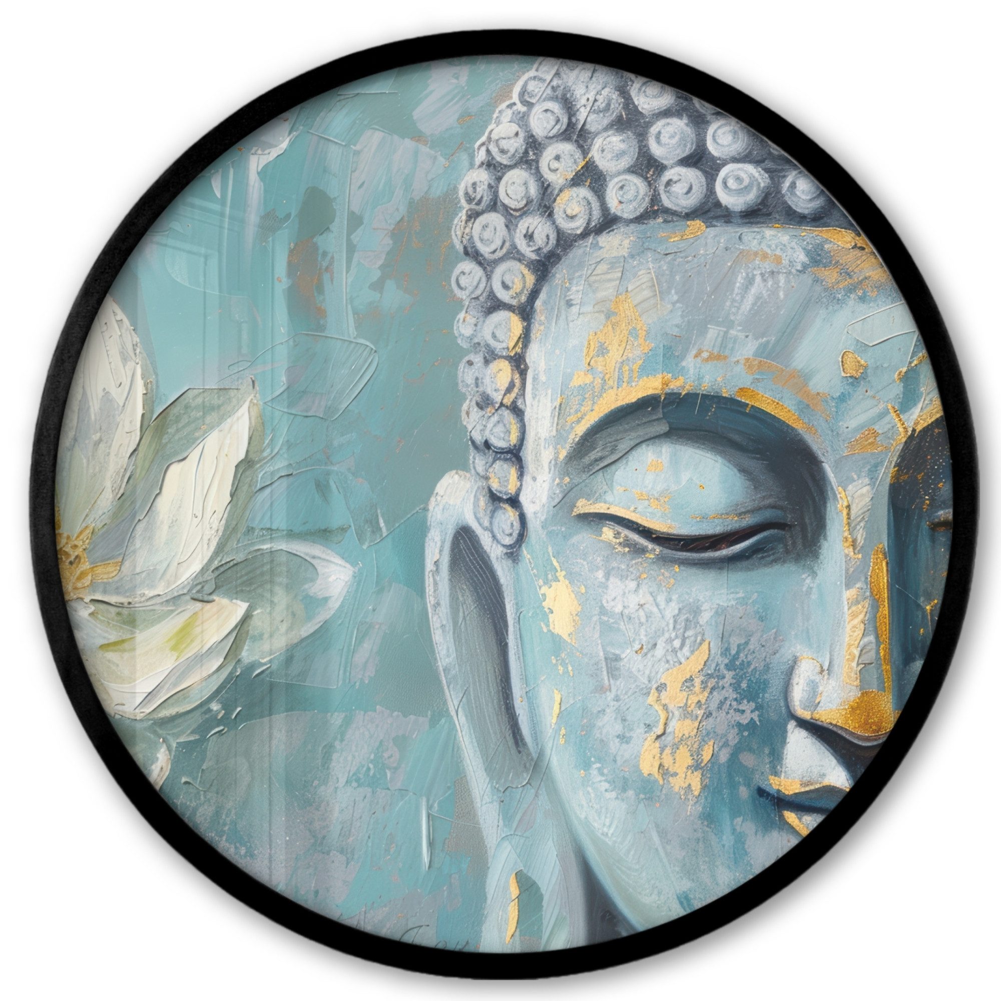 MuchoWow Poster Rund - Buddha - Blume - Lotus - Gold - Blau, (1 St), Runde Wandbilder, Deko für Wohnzimmer und Schlafzimmer, 40x40 cm