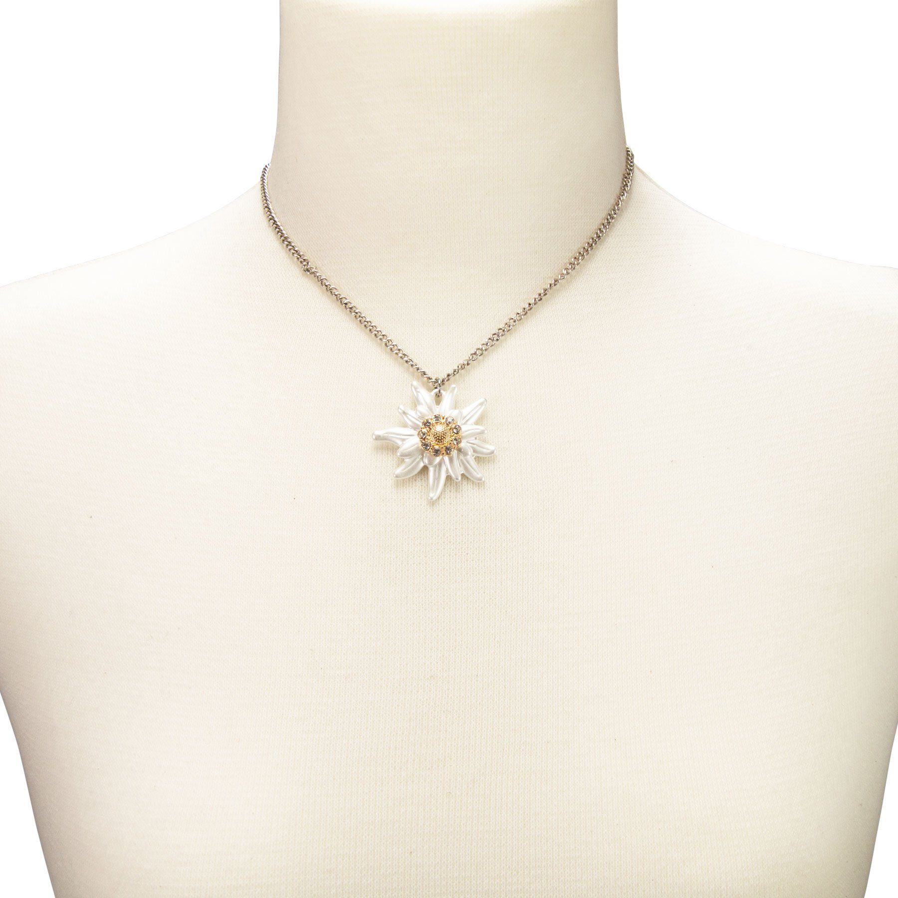 Alpenflüstern Collier Metall-Trachtenkette Greta mit Strass-Edelweiß groß (antik-silber-farben), - Damen-Trachtenschmuck Dirndlkette – Bild 4 von 4
