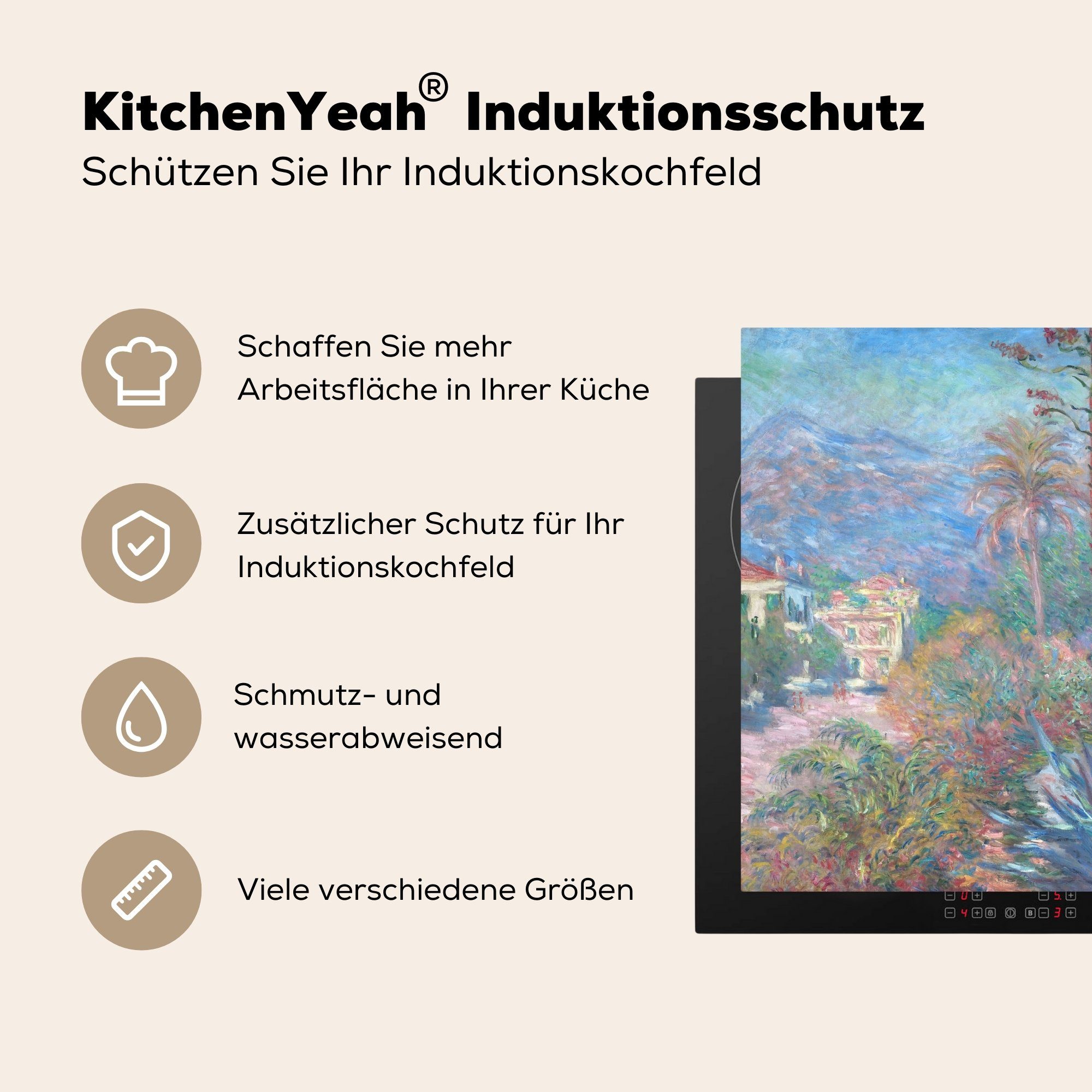 Monet, von in die Gemälde Ceranfeldabdeckung - Herdblende-/Abdeckplatte küche, tlg), (1 cm, 59x52 für Claude Vinyl, Bordighera Induktionsmatte Villen MuchoWow