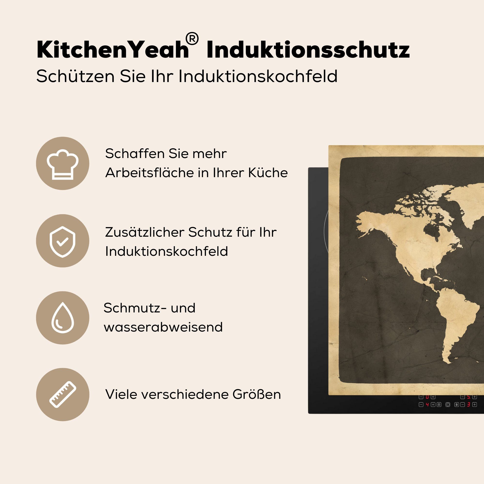 MuchoWow Herdblende-/Abdeckplatte Weltkarte Vintage Vinyl, die - 81x52 Schutz für Ceranfeldabdeckung tlg), - cm, küche, (1 Marmor, Induktionskochfeld