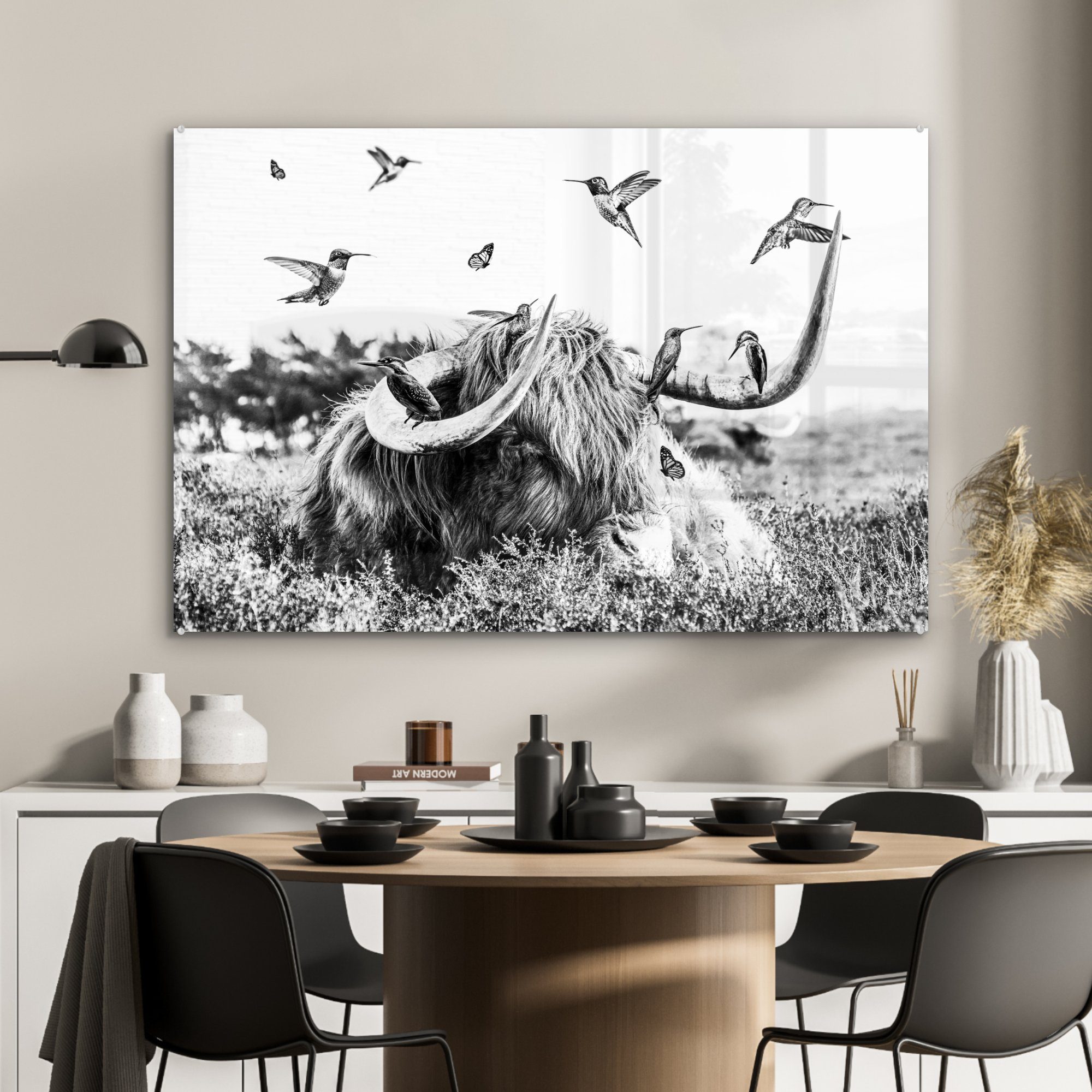 MuchoWow Acrylglasbild - Wohnzimmer - Vogel Highlander St), (1 Schottischer Schlafzimmer & Schwarz - Acrylglasbilder Weiß