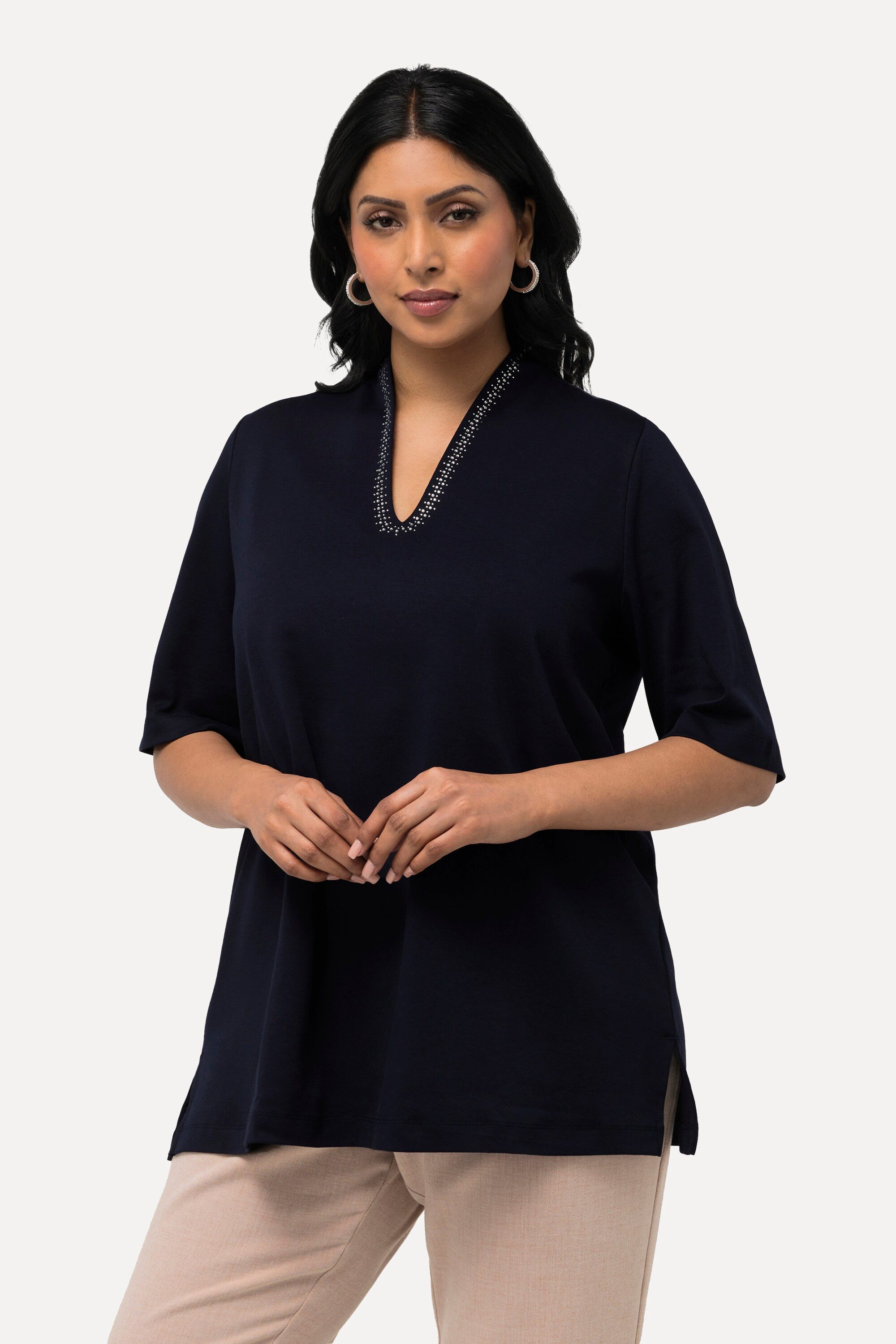 Ulla Popken T-Shirt T-Shirt A-Linie Kelchkragen günstig online kaufen