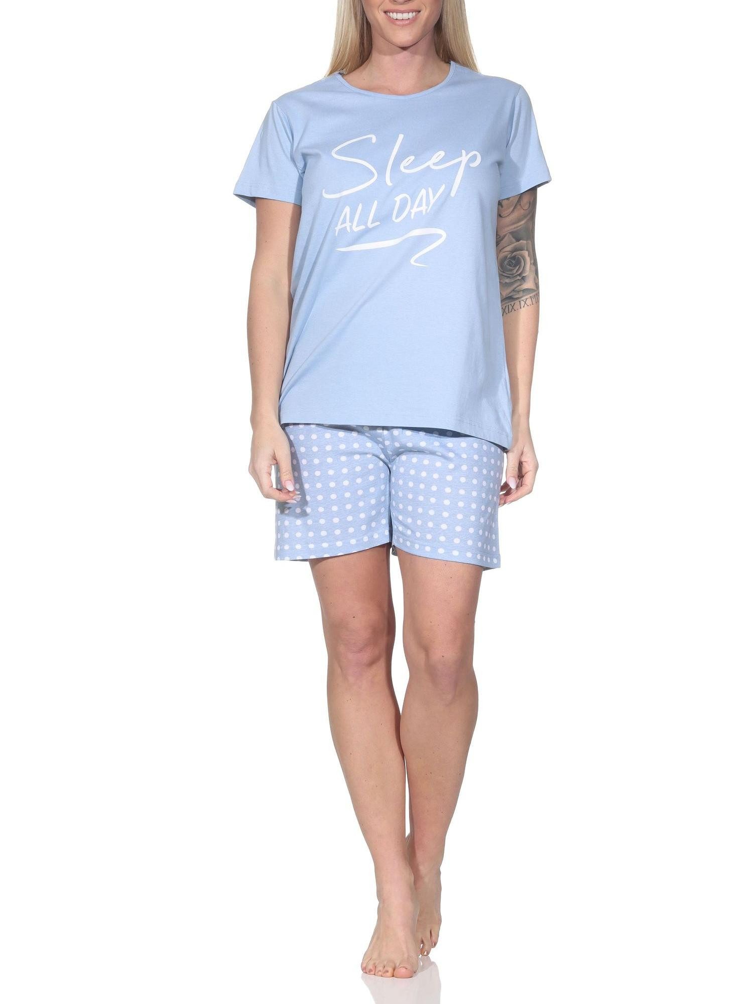Normann Pyjama Normann Damen Schlafanzug Shorty kurzarm mit gepunkteter Pyjamahose