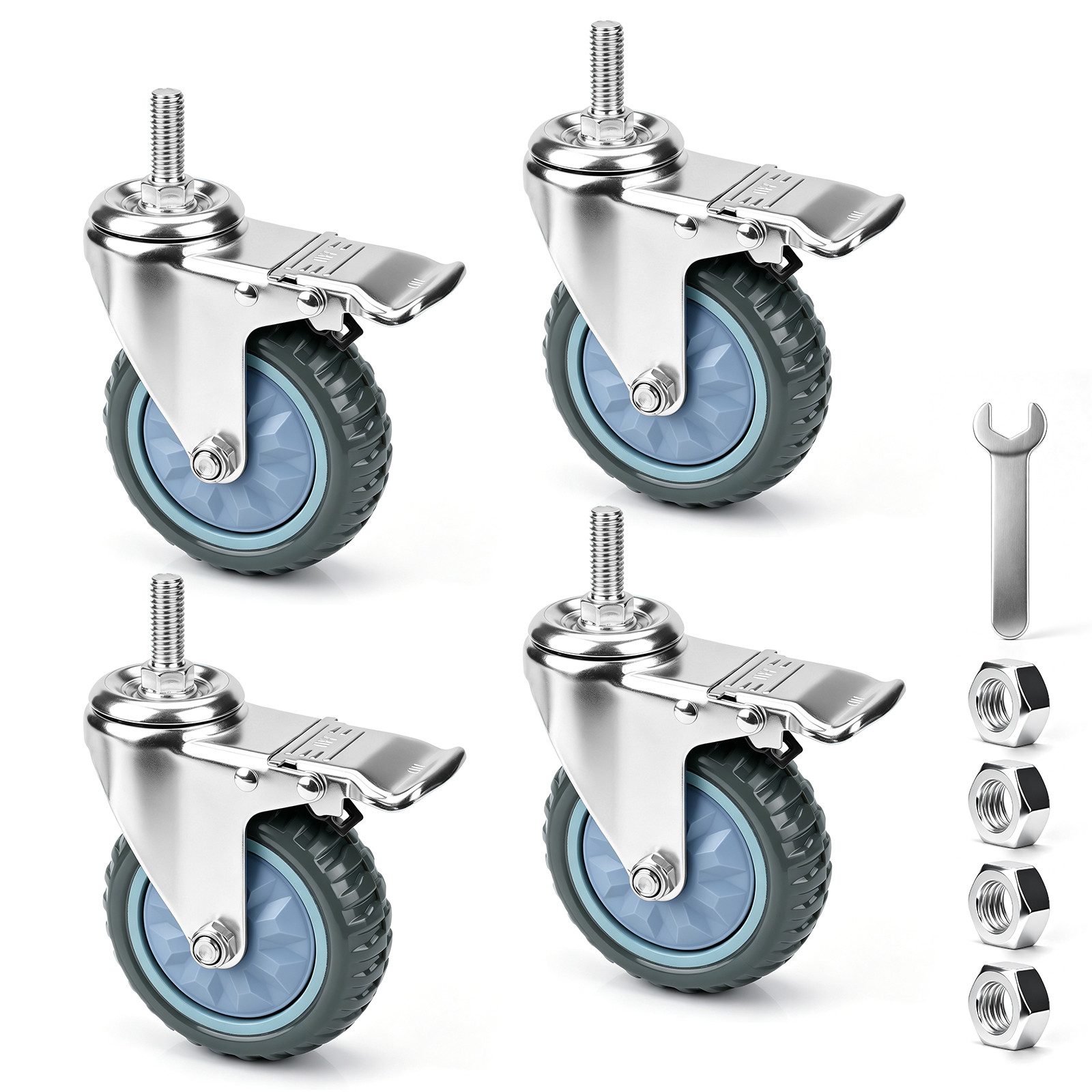 XERSEK Schwerlastrolle Lenkrollen mit Bremse 5 Zoll Doppellager Möbelrollen Transportrollen, (Set, 4-St., M12×35 mm Gewindebolzen, Doppelkugellager mit Radschutzdeckel), für Werkstattwagen, Werkbank, Trolley, Hocker & Möbel