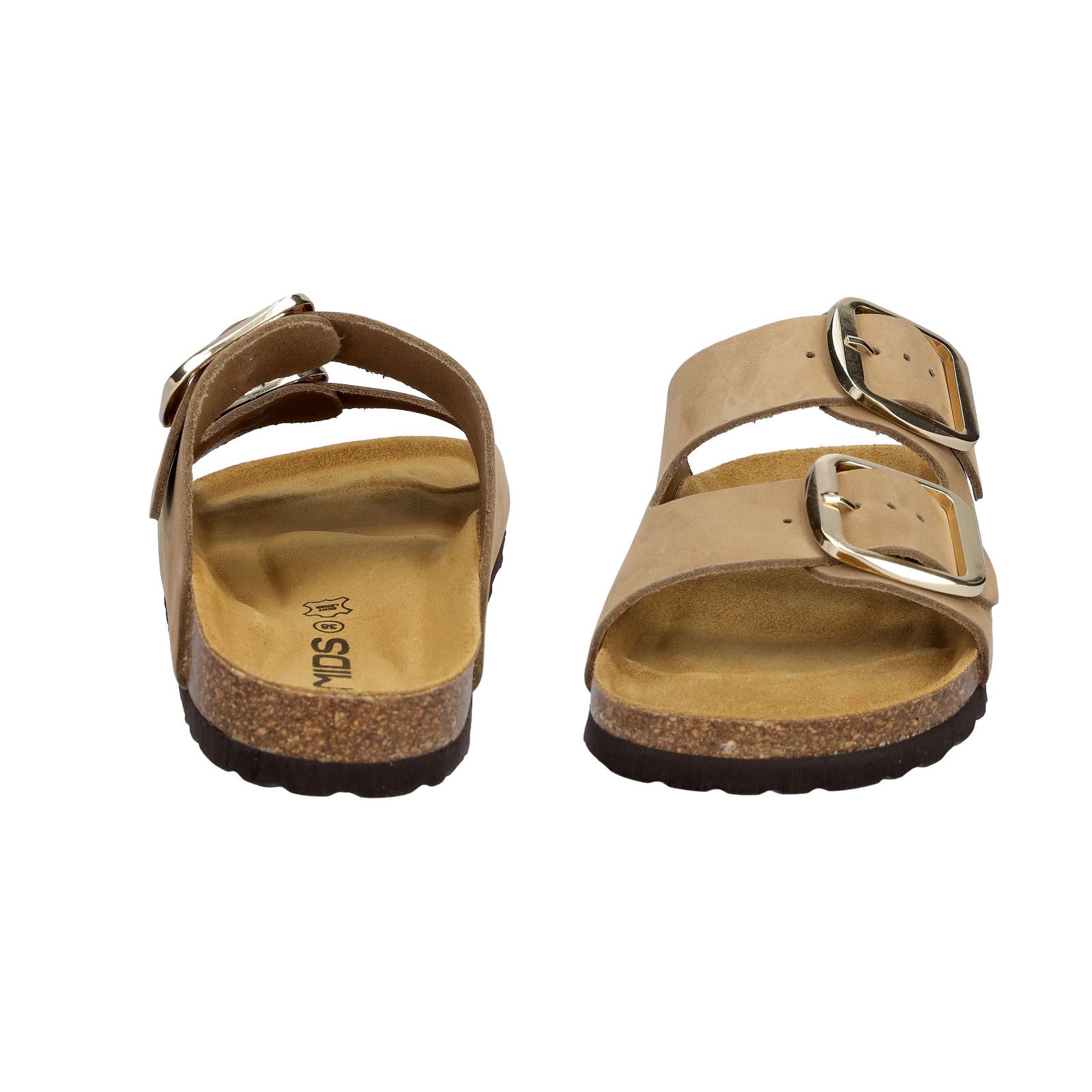 MIDS MIRI Damen Pantolette beige, Zweiriemer mit ergonomischem Lederfußbett & großer Schnalle