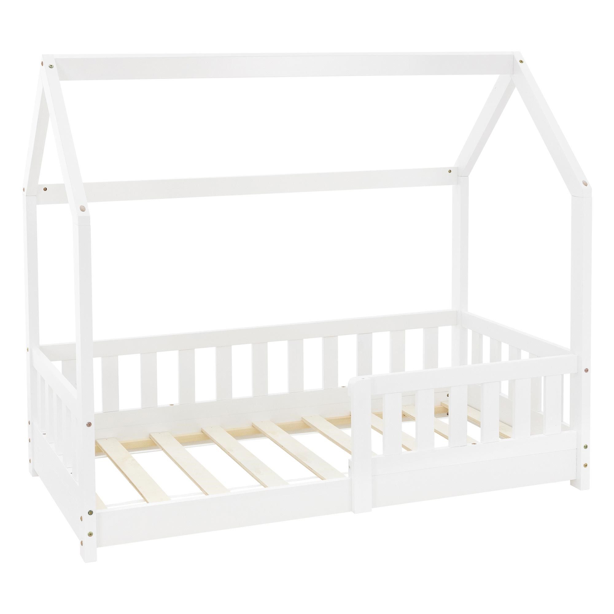 ML-DESIGN Spielbett Hausbett Kinderbett inkl. Lattenrost kreativ Bodenbett für Kinder, Abenteuerbett zum Spielen mit Rausfallschutz Kiefer Weiß Himmelbett