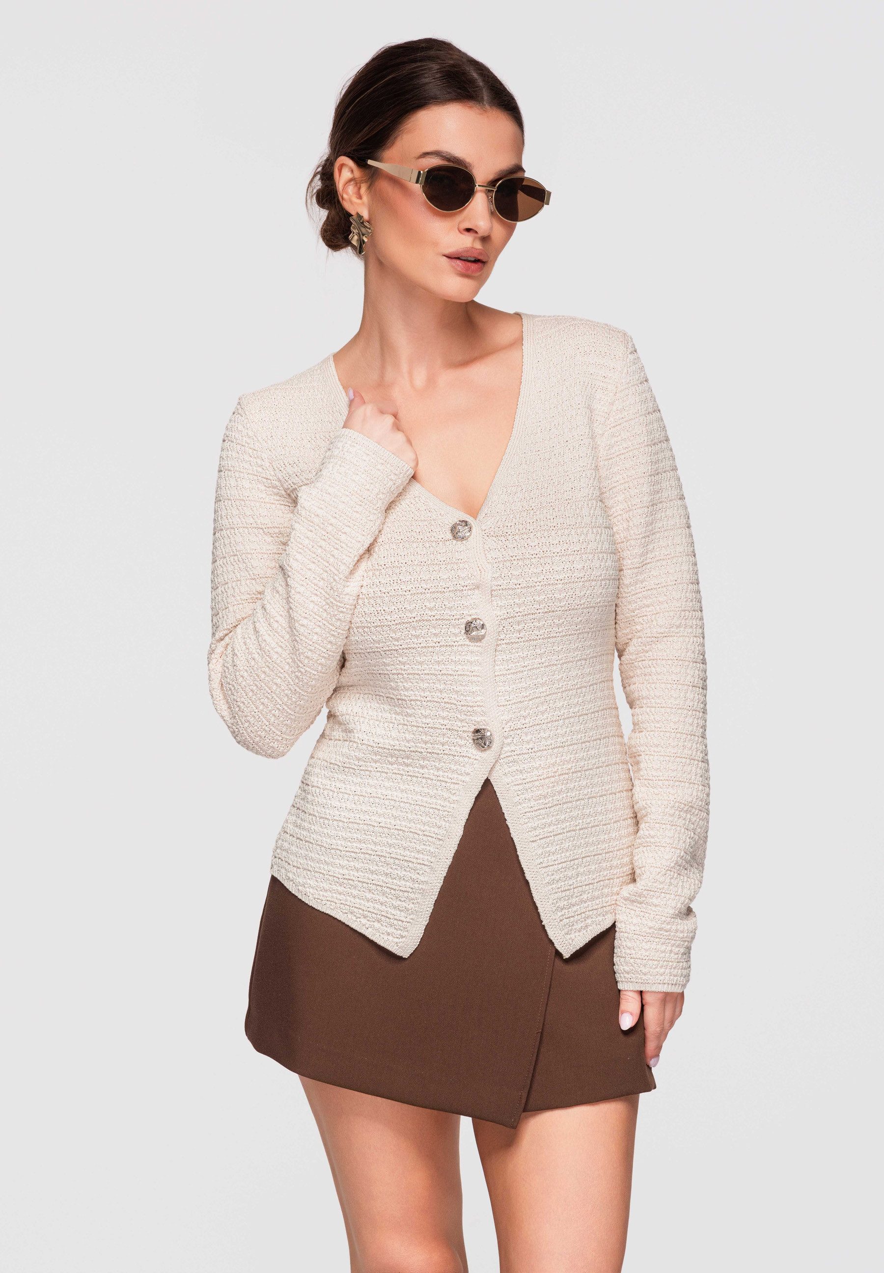 OMBRE V-Ausschnitt-Pullover Damen Strickjacke Figurbetont V-Ausschnitt Elegant Beige S/M (kein Set, 1-tlg) Figurbetonter Schnitt, modellierende Passform