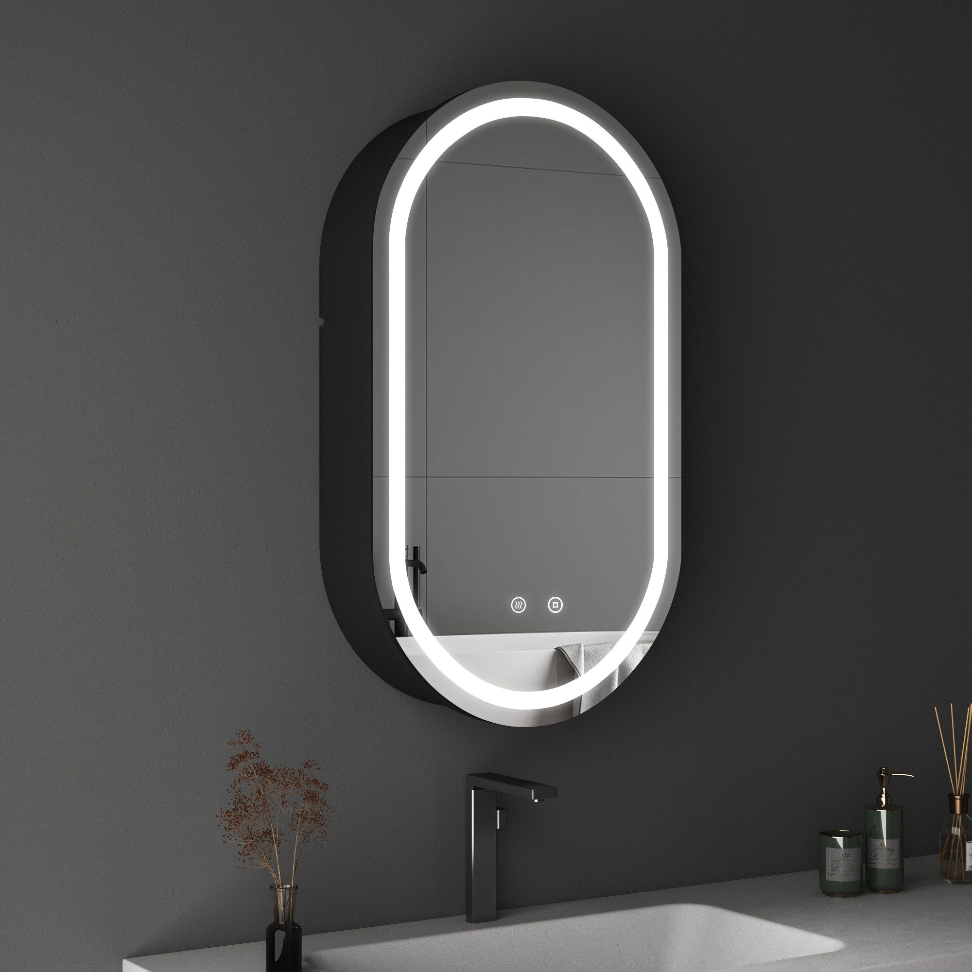 WDWRITTI Badspiegel Spiegelschrank Badezimmerspiegelschrank 40B x 13T x 70H cm (Badschrank Schwarz Matt, Stahlregale), Kalt/Warm/Neutral Licht, Anti-Fog, Speicherfunktion