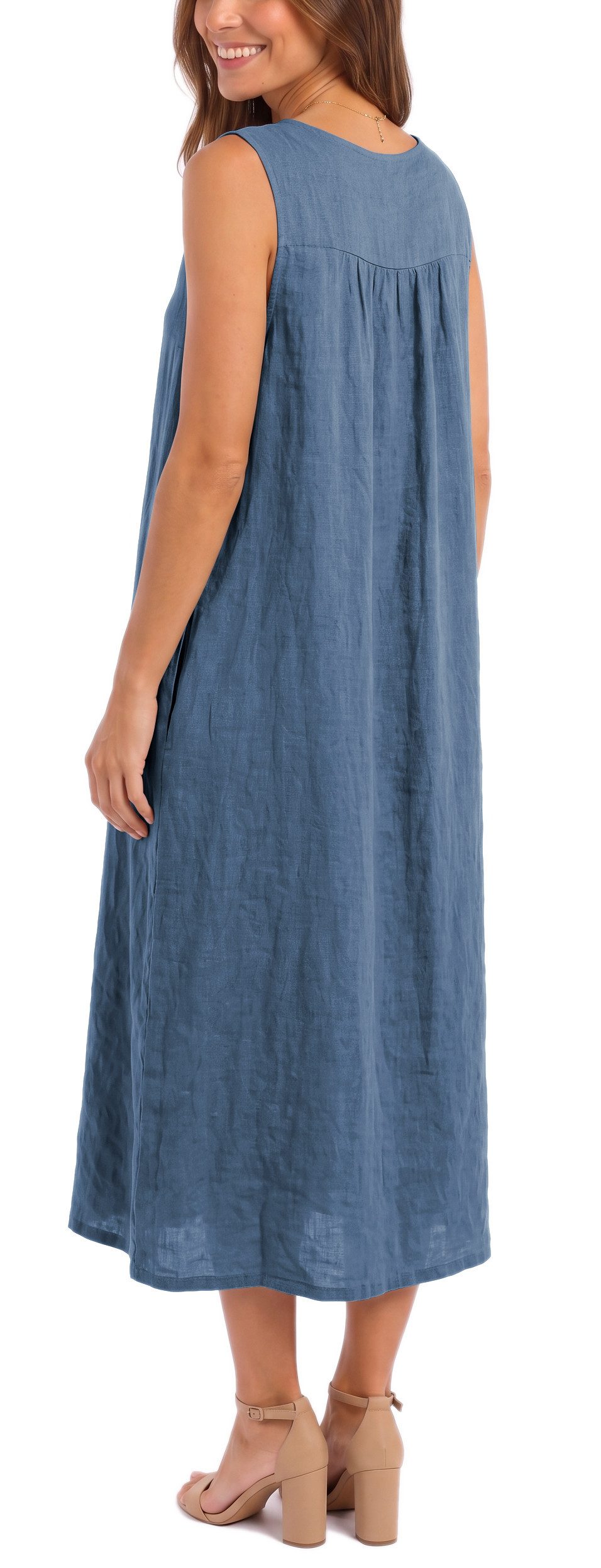 dy_mode Sommerkleid Damen Leinenkleid Luftiges Maxi Sommerkleid Strandkleid Damenkleid in Unifarbe, V-Ausschnitt, mit seitlichen Eingriffstaschen