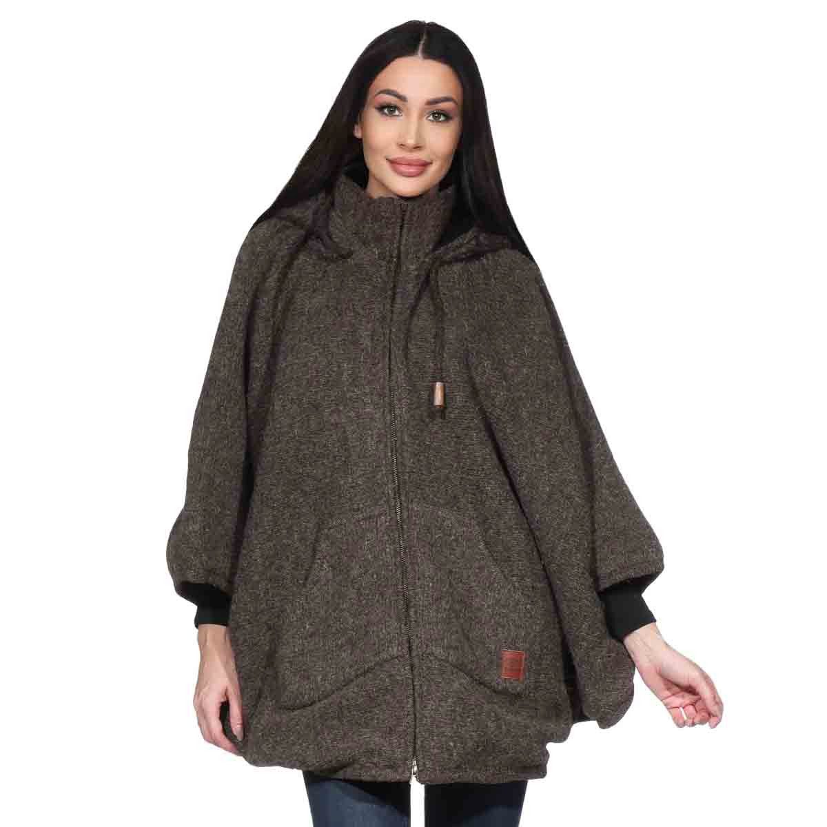 Strickcape Damen Strickponcho Cape Mantel Wolle mit Zipfelkapuze & Fleecefutter