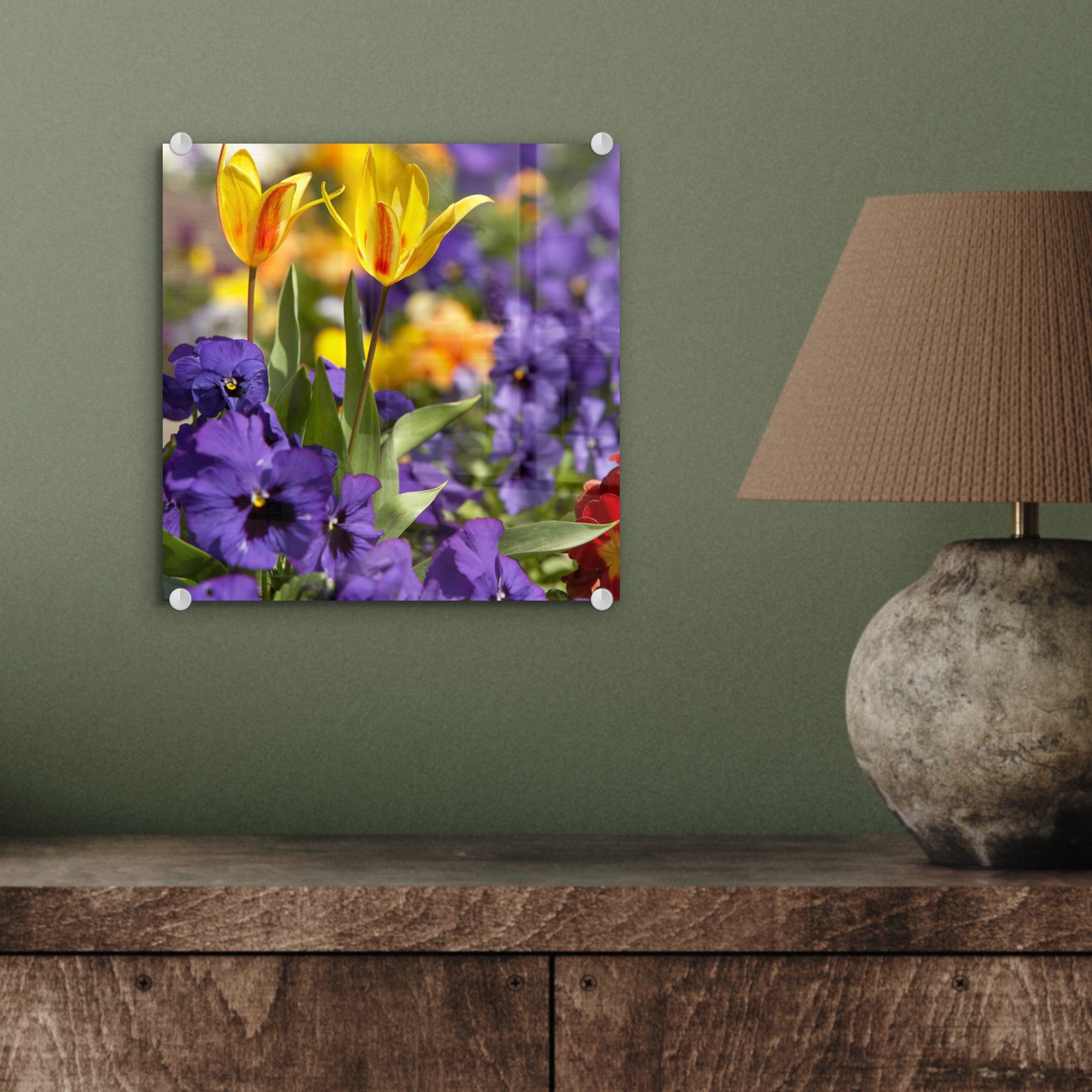 - Farben, - Glas Blumen Wandbild auf Glasbilder MuchoWow - auf - Foto St), Wanddekoration Glas Acrylglasbild - (1 Bilder Frühling