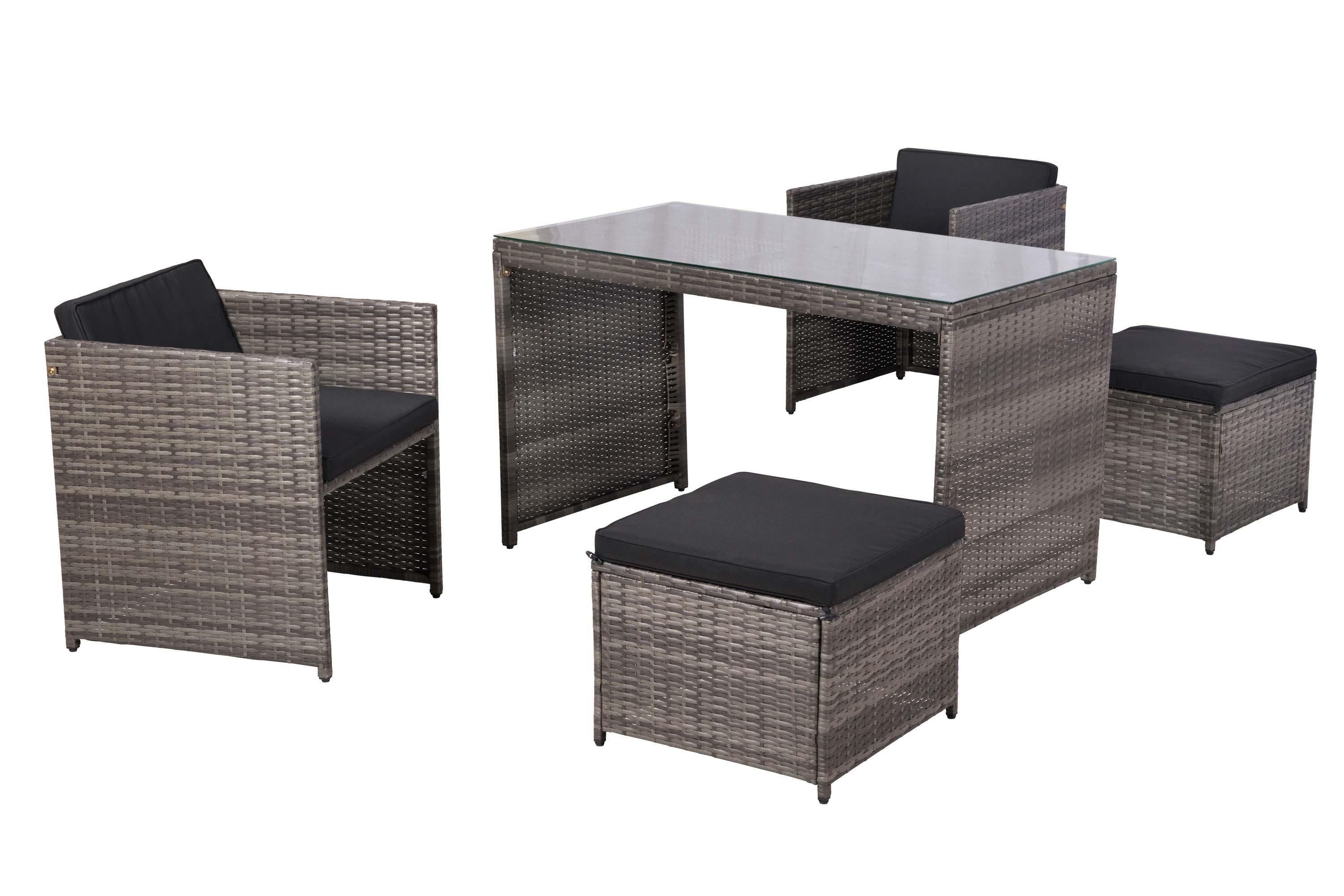MERXX Garten-Essgruppe Merano, (Set, 5tlg), 2 Sessel inkl. Sitz- und Rückenkissen, 2 Hocker, Tisch 121,5 x 65 cm