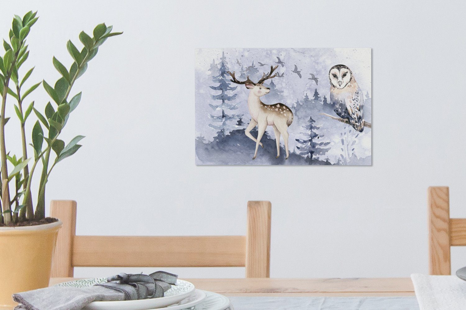 - - Winter OneMillionCanvasses® Eule cm St), (1 Wanddeko, Hirsch, - Wald Wandbild Leinwandbild Leinwandbilder, Aufhängefertig, 30x20