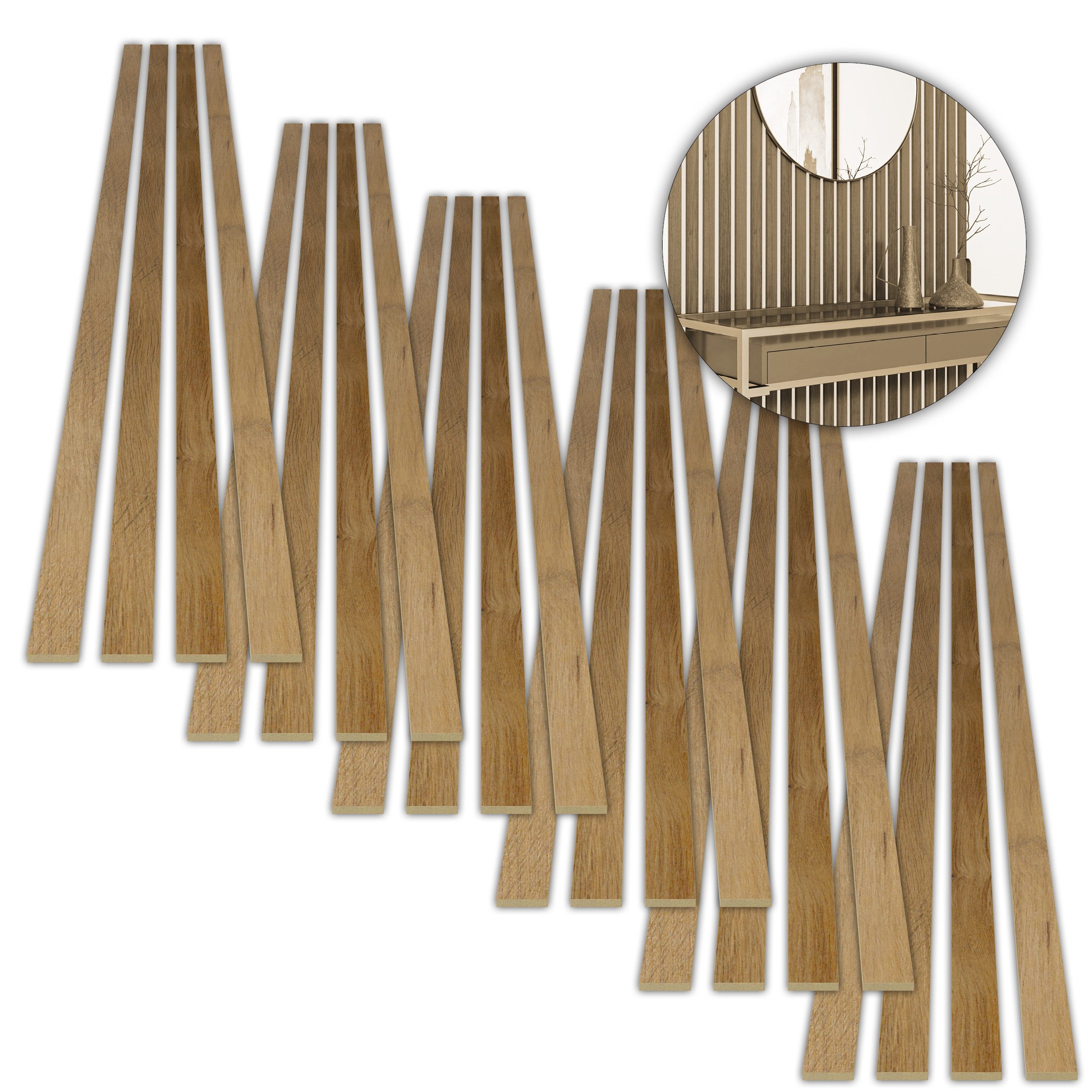 acous Wandpaneel Spar-Set Stix FSC® Premium Echtholzfurnier (selbstklebend), BxL: 3,45x250,00 cm, 0,51 qm, (Spar-Set, 6 Packungen, 24 Leisten, 3,06 m², Kostenlose Lieferung) Echtholz-Dekoleiste selbstklebend, im Spar-Set 6 Pakete á 4 Leisten