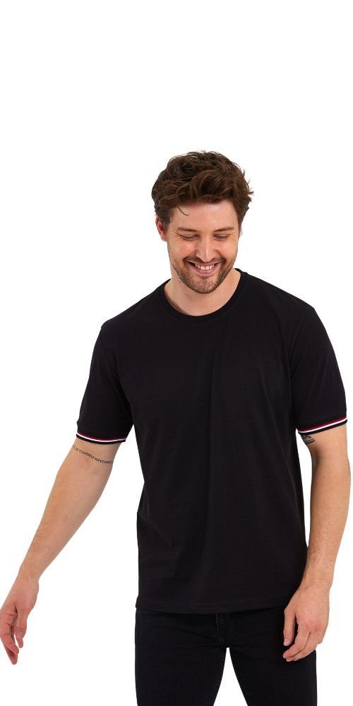 (Packung, Kurzarm 1-tlg) Bündchen Ärmel COMEOR gestreiften Basic Schwarz T-Shirt Herren Rundhalls mit