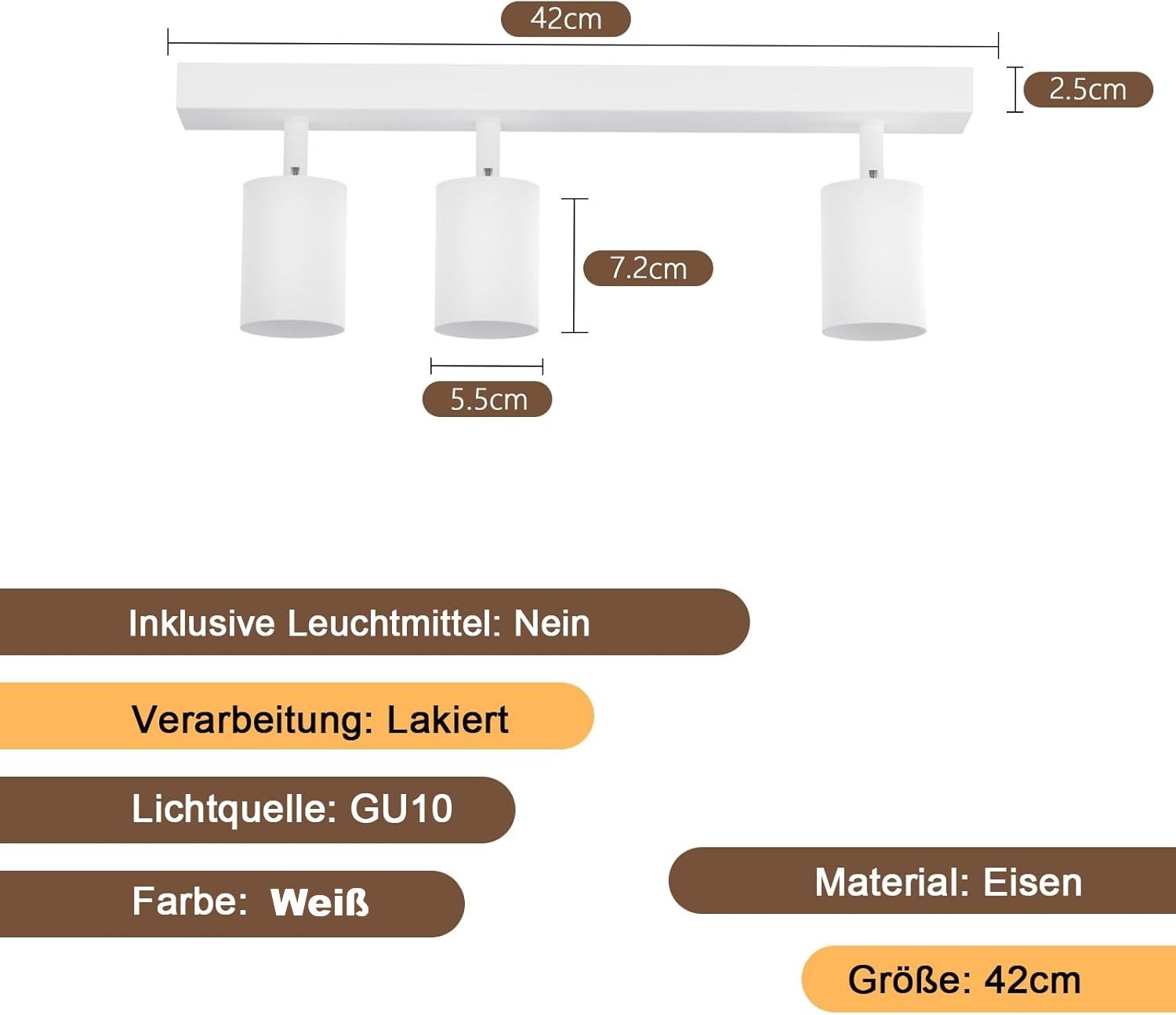ZMH Deckenstrahler 3 Flammig Deckenleuchte Modern 42CM GU10 für Schafzimmer Whonzimmer, 330°Schwenkbar, ohne Leuchtmittel, 230V Fassung, Flur