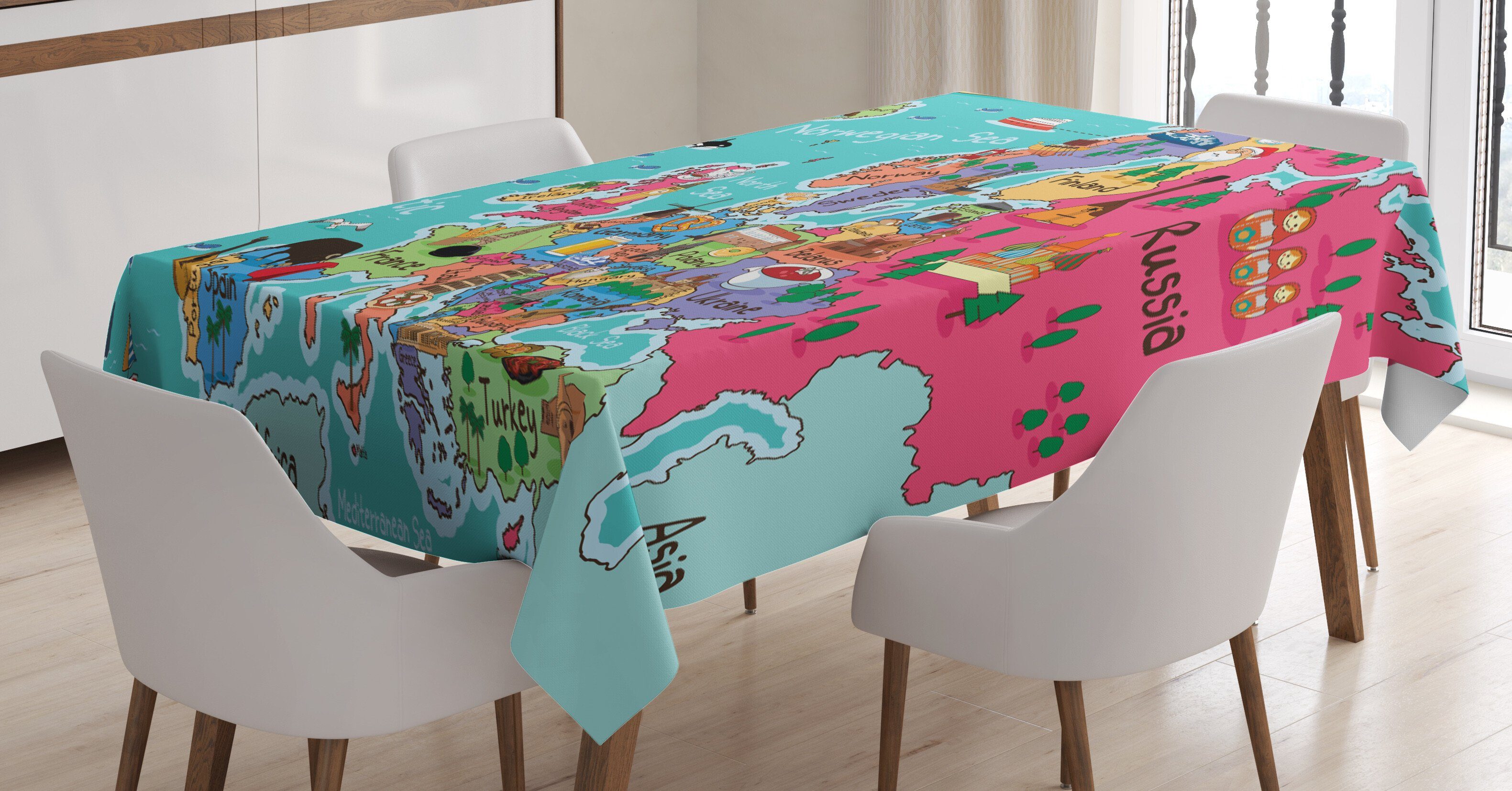 Abakuhaus Tischdecke Farbfest Waschbar Für den Außen Bereich geeignet Klare Farben, Karte Cartoon Europa Karte Orientierungspunkt