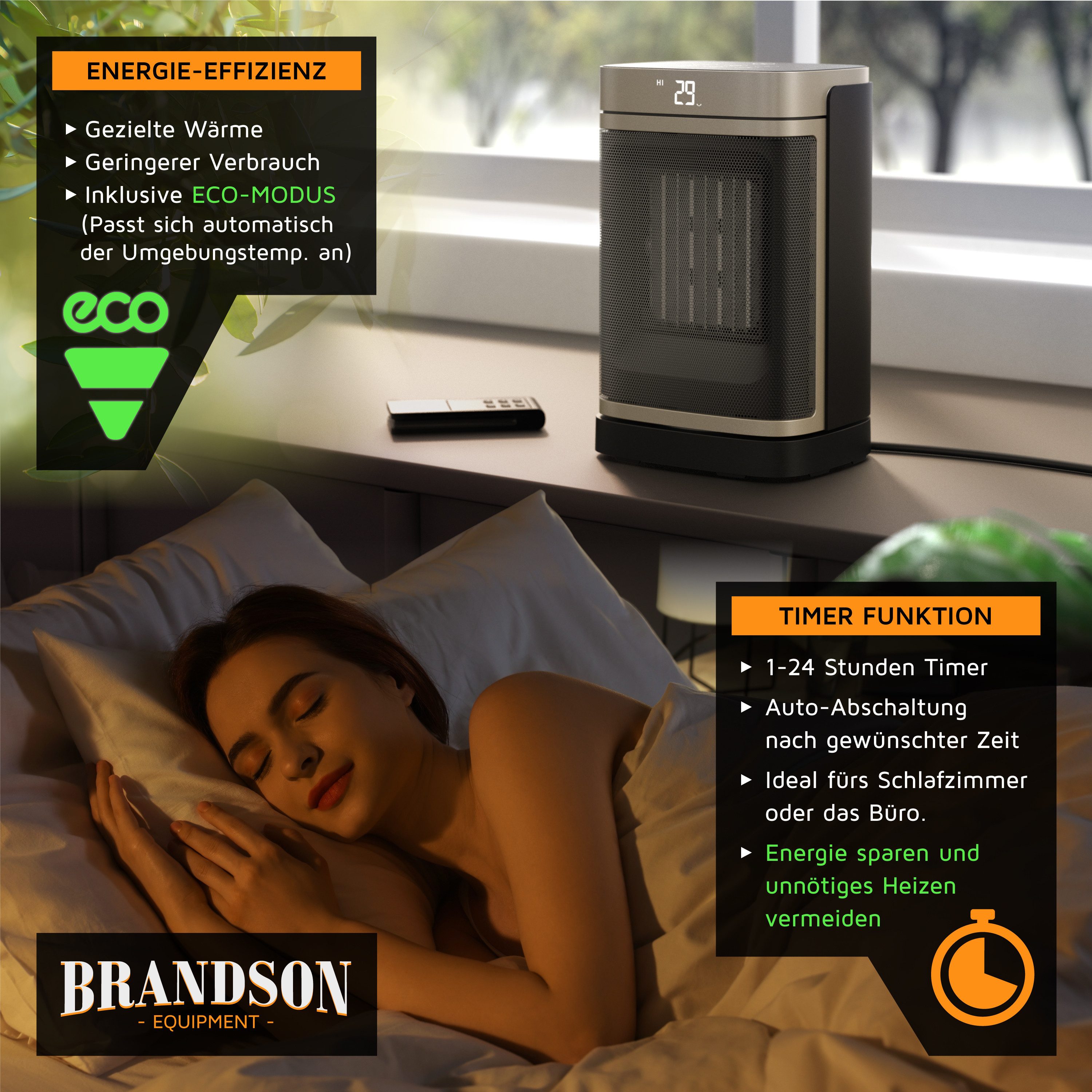 Brandson Heizlüfter Keramik Heizgerät, Oszillation, Timer, Fernbedienung, kompakt, 1500 W, energiesparend, Preisträger 2025, Thermostat, Überhitzungsschutz – Bild 5 von 5