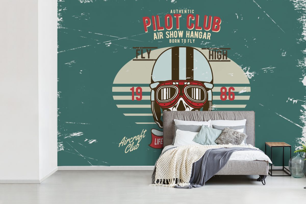 MuchoWow Fototapete Matt, Pilot Vinyl Totenkopf - Schlafzimmer, Vintage, - Wallpaper für - Kleidung St), Wohnzimmer, bedruckt, Kinderzimmer, (6 Tapete