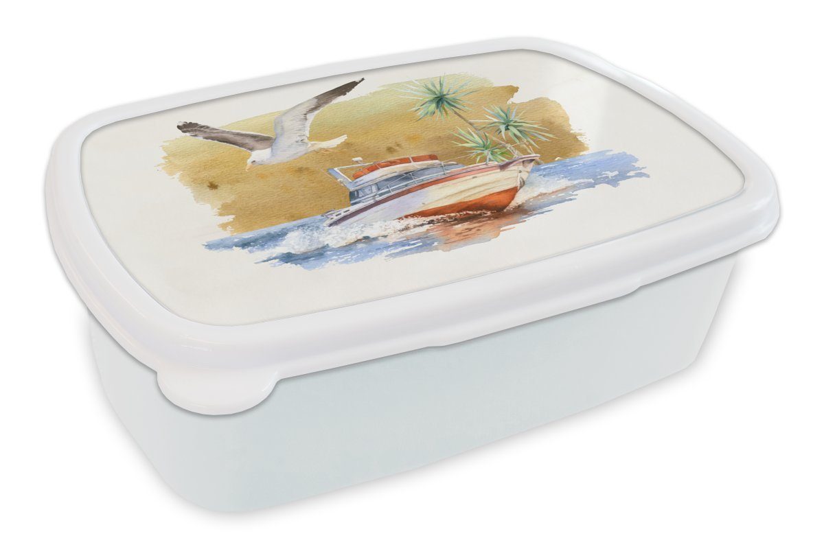 MuchoWow Lunchbox Boot - Vogel - Aquarell, Kunststoff, (2-tlg), Brotbox für Kinder und Erwachsene, Brotdose, für Jungs und Mädchen weiß