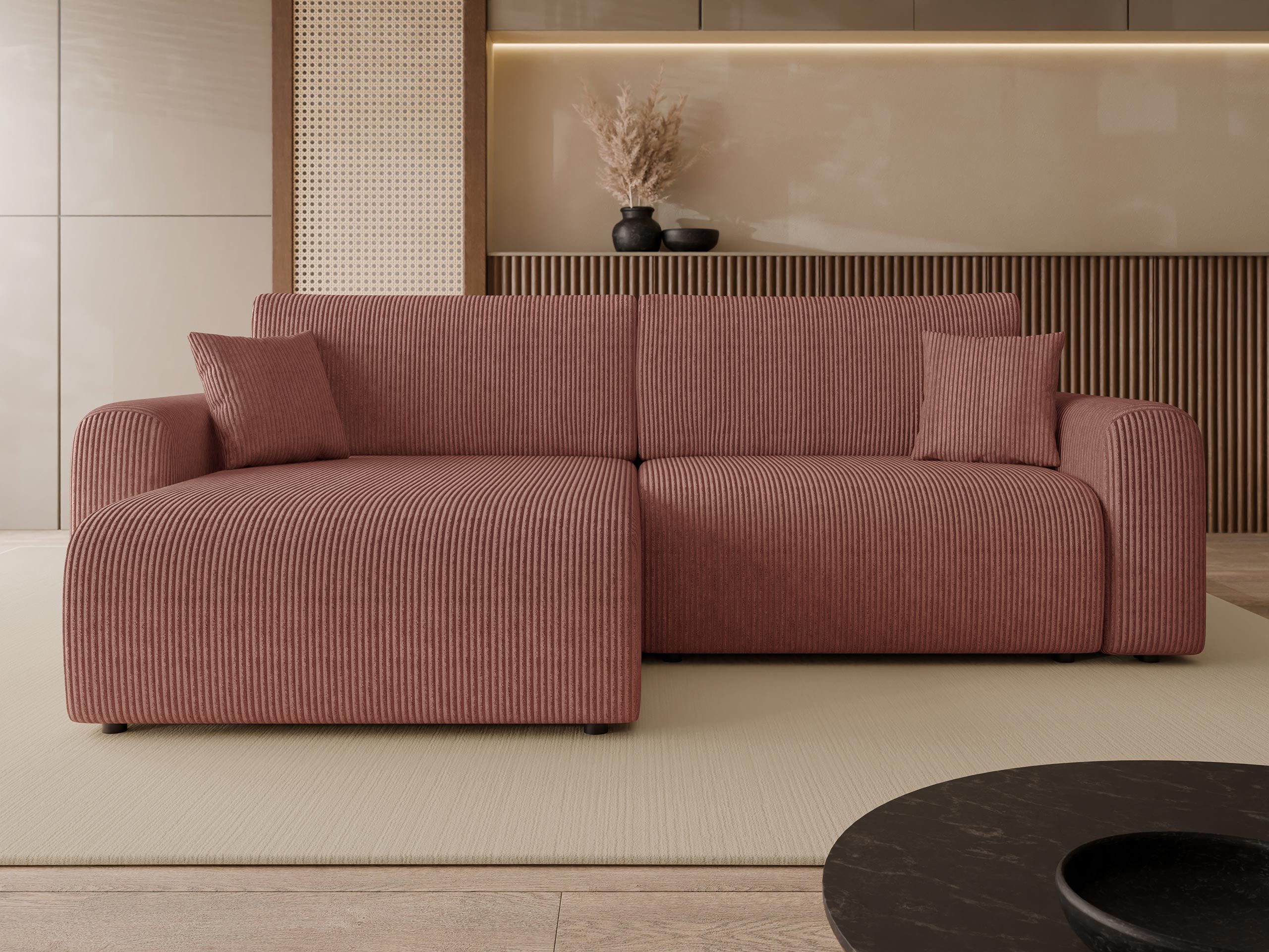 MIRJAN24 Ecksofa Floryn L Cord, mit Schlaffunktion und Bettkasten, mit zwei Dekokissen, 245x145x82 cm