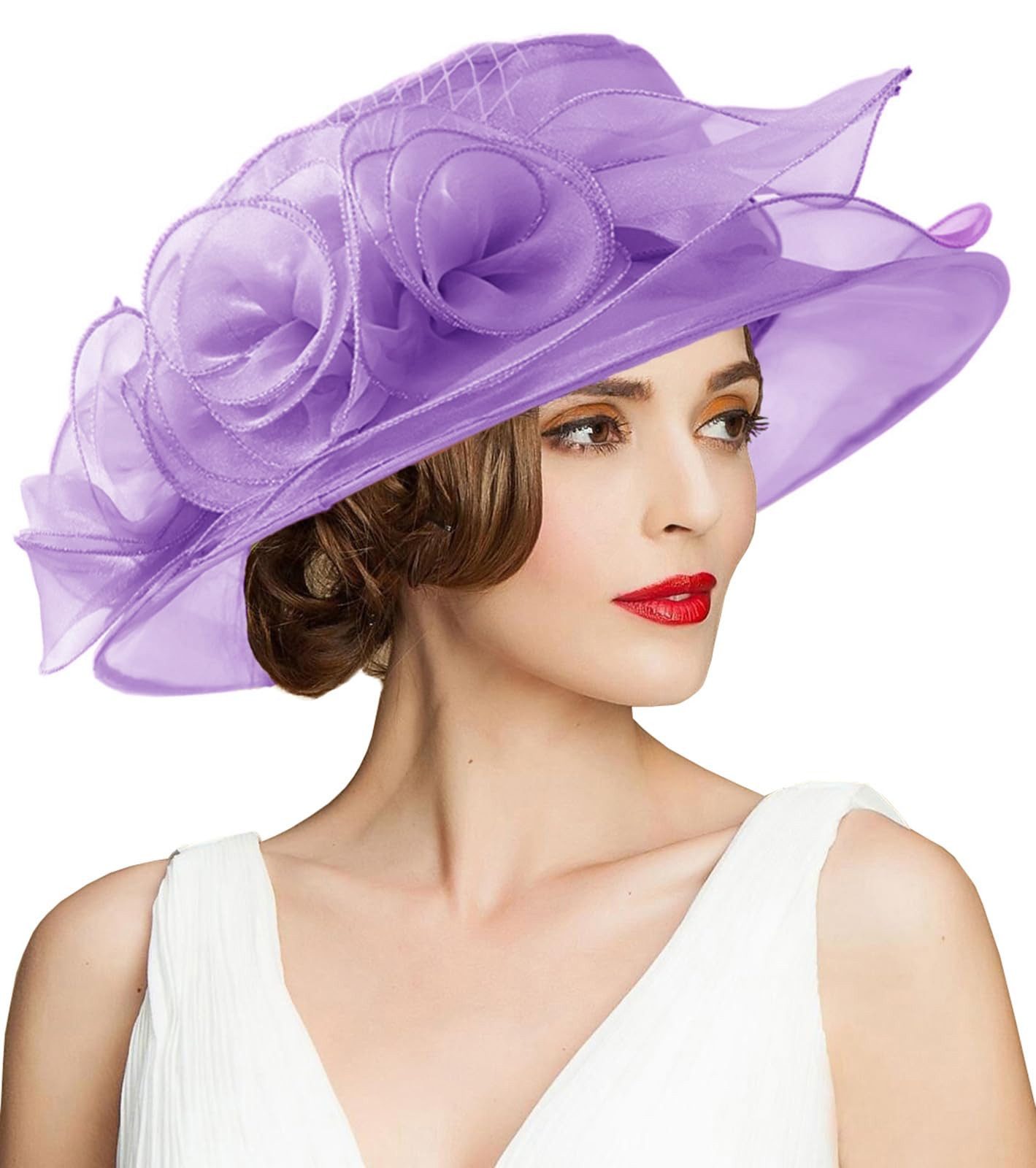 Bwecuy Sonnenhut Damenhut mit breiter Krempe, Blumen- und Blattdekor ideal für Hochzeit, Kirche und Tea Party – Bild 4 von 5