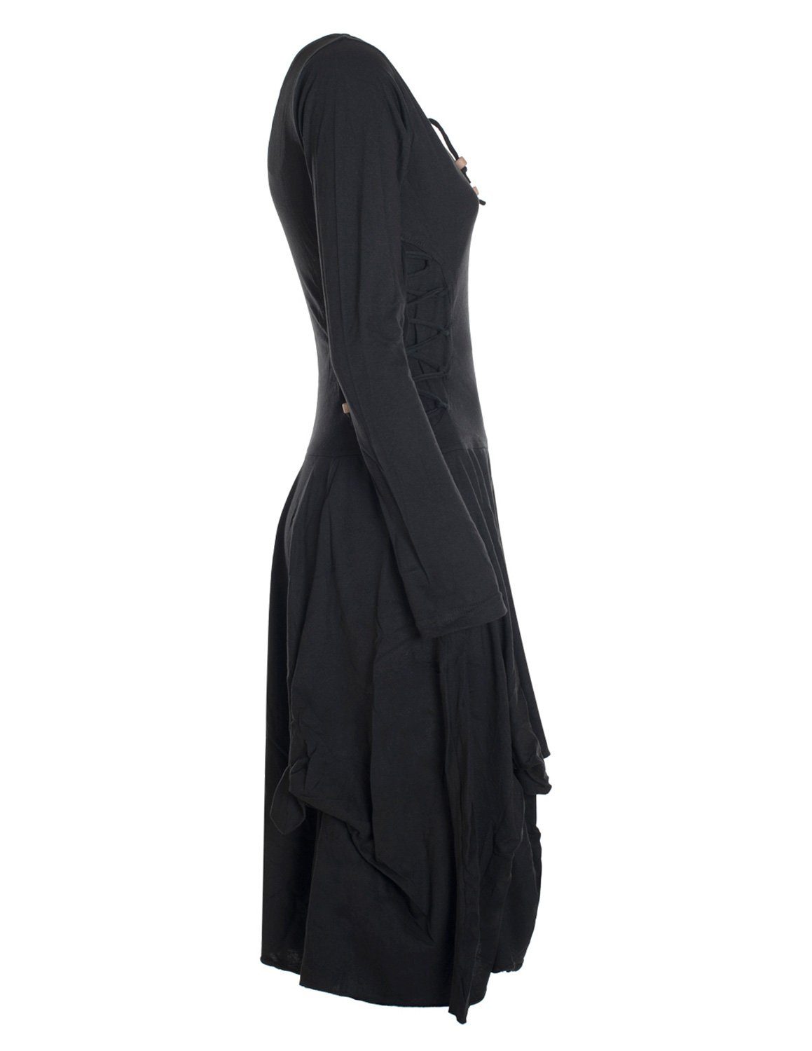 Vishes Midikleid Langes Langarm Bio Ballonkleid einfarbig mit Schnürung V-Ausschnitt Hippie, Elfen, Festag, Style
