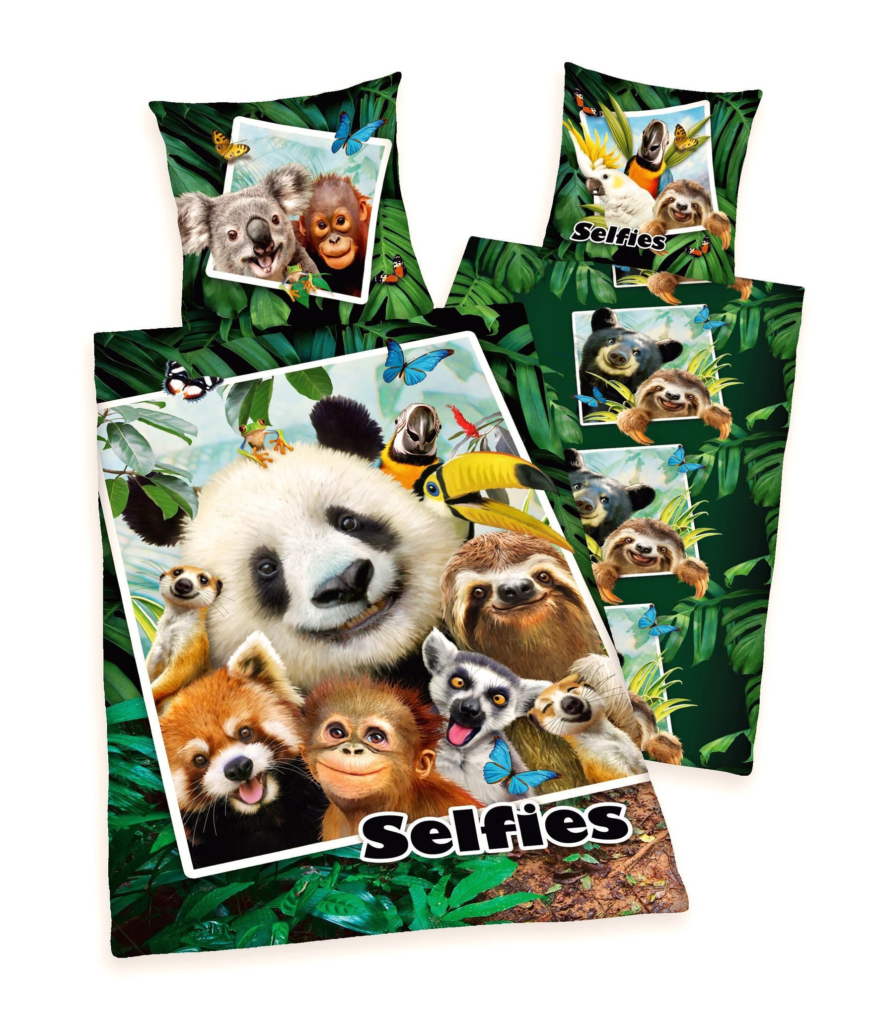Herding Jugendbettwäsche Selfies Jungle 135x200cm Dschungel Panda Grün, Renforcé, 2 teilig, Dschungeltiere, Selfie mit Reißverschluss