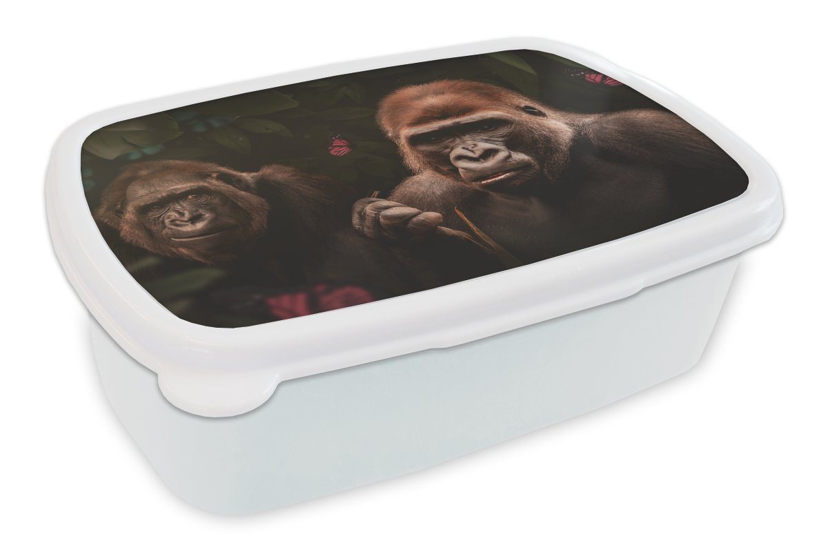 MuchoWow Lunchbox Gorilla - Dschungel - Pflanzen - Schmetterling, Kunststoff, (2-tlg), Brotbox für Kinder und Erwachsene, Brotdose, für Jungs und Mädchen weiß